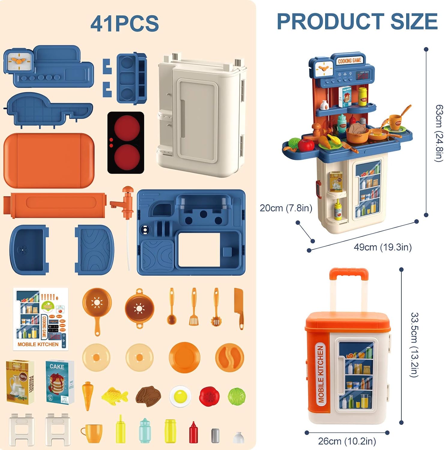 GRESAHOM Kitchen Playset for Kids,4 in 1 Kitchen & Grill Role Pretend Play Toys Travel Suitcase with 41pcs Realistic Cooking Accessories,Lights,Sounds,Running Water,Birthday Toy Gift for Girls Boys