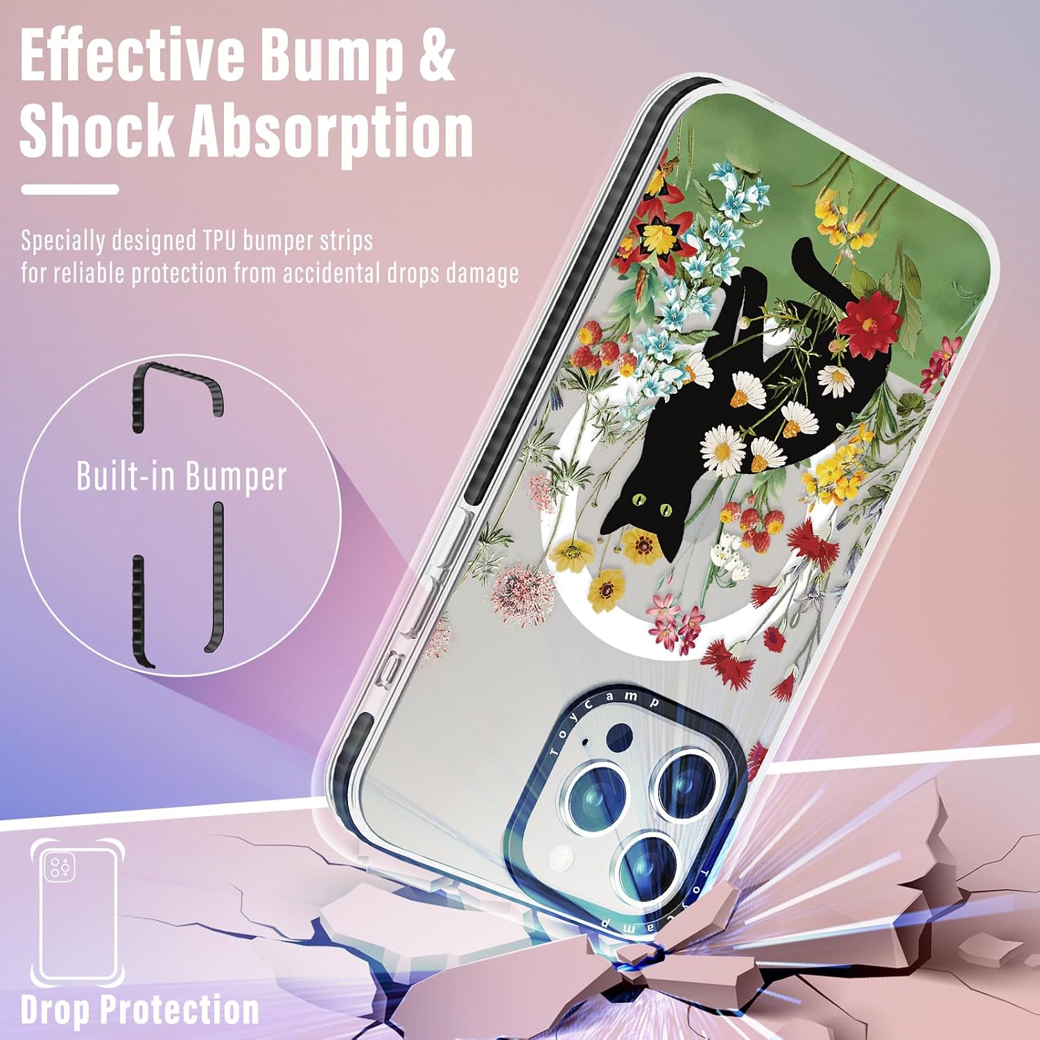 Toycamp for iPhone 16 Pro Case Women - Compatible with MagSafe Women Girls Cute Phone Cover Magnetic with Shockproof Protective Girly Pretty Kawaii Design for Apple for iPhone 16 Pro 6.3", Flower Cat image 5
