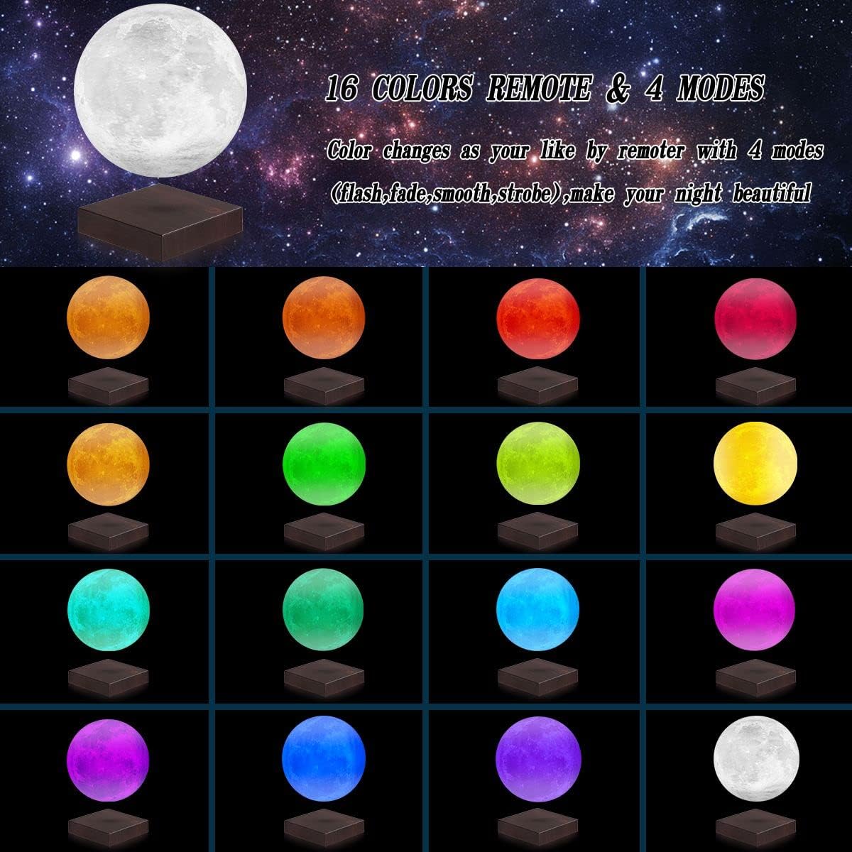 VGAzer Moon Lamp 3D Printing Magnetic Levitating Moon Light Lamps for Home、Office Decor, Creative Gift-6 Inch,Has 16 Colors 20 Modes