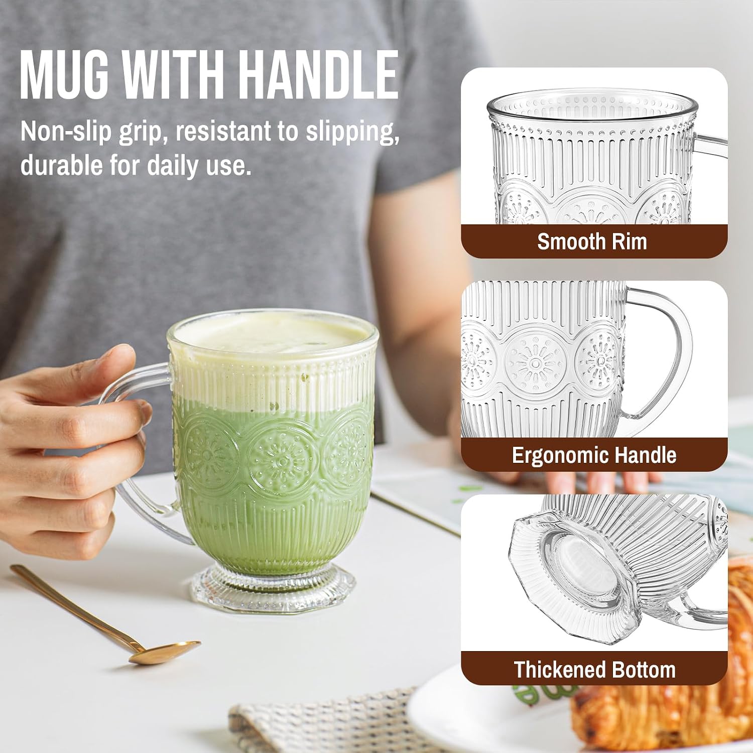 SoulTimes 16oz Glass Coffee Mugs with Handle and Spoon Set of 4 Vintage Mug