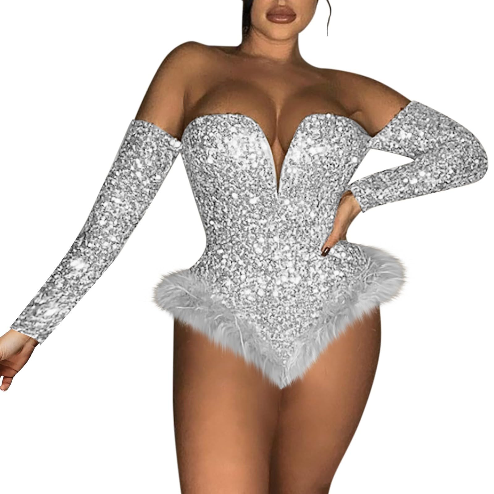 Body da donna con chiusura lampo, senza spalline, paillettes, velluto, a maniche lunghe, sexy, body da donna, nero