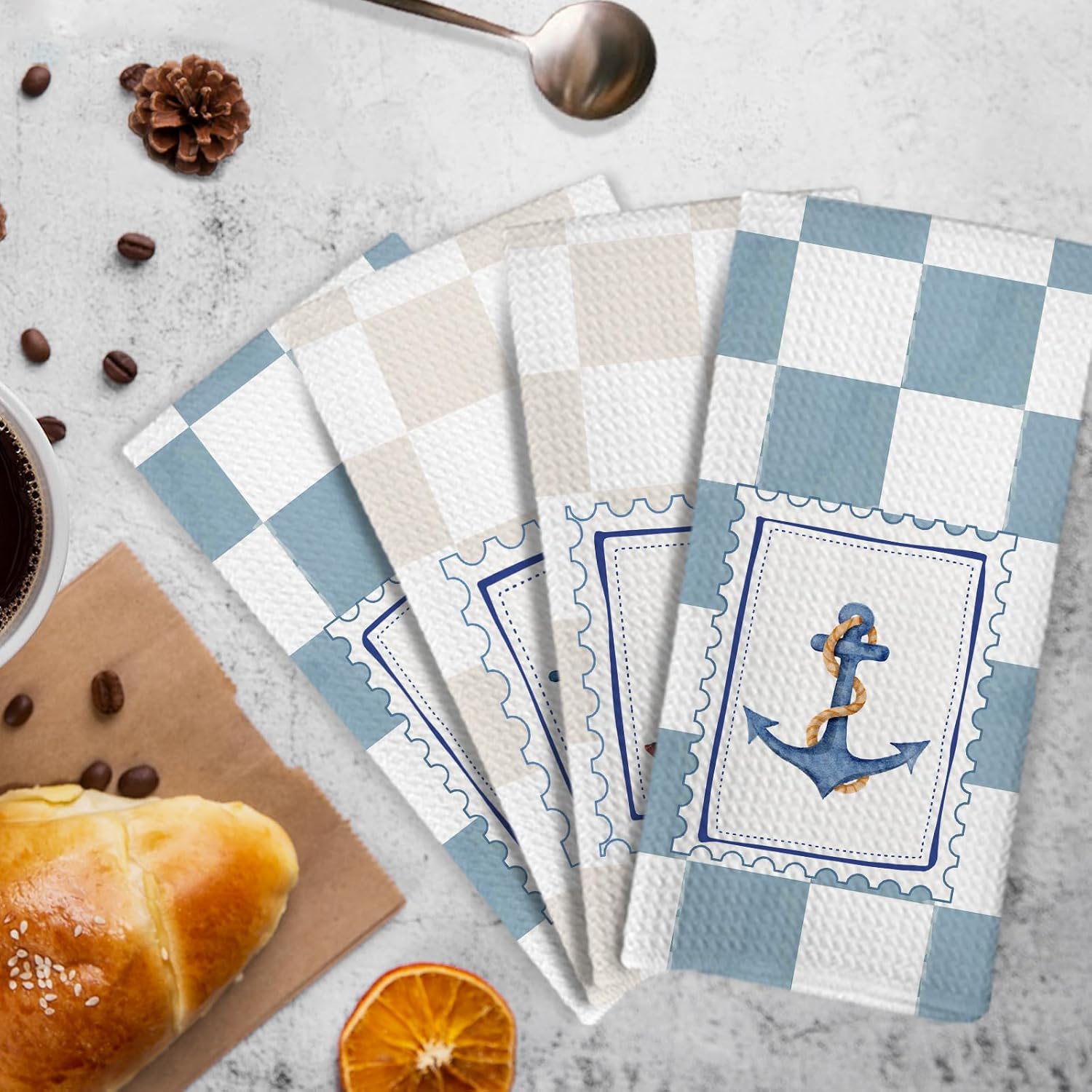 Preppy Nautical Kitchen Towels and Dishcloths Set of 4, Coastal Boat Wheel Dish Towels, Nautical Beach Lighthouse Anchor Decorative Hand Tea Towel for Bathroom Kitchen, 16x24 Inch