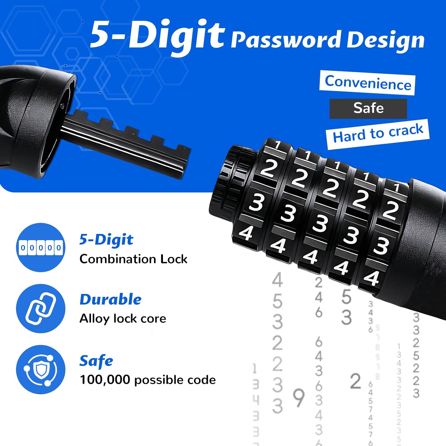 Bike Lock 5 Digit Combination Heavy Duty Anti Theft Bicycle Chain Lock | 4FT Long, Fence 0.24" Thick, High Security Resettable, Suitable for Bike, E-Bikes,Scooter, Door, Gate, Convenient