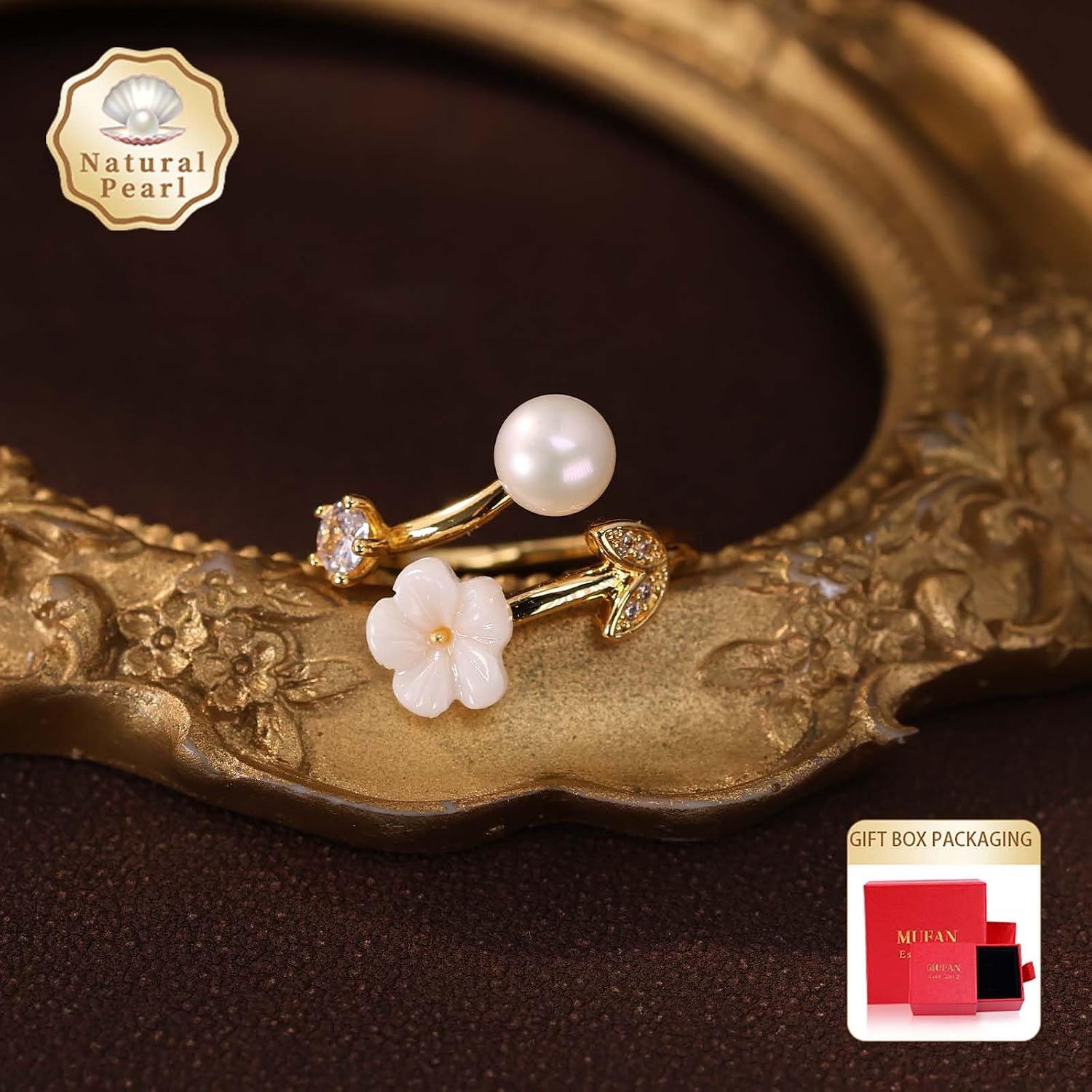 6-9 MM Natural Freshwater Cultured Pearl Ring for Women, 18k Gold-Plated, Ideal for Weddings Anniversaries Birthdays Parties Women's Jewelry Gift