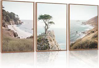 LHIUEM Coastal Seascape Framed Canvas Wall Art set of 3(12”X16”)beauty steep Cliffs Beach Wall Decor,coastal palm tree Painting,Natural Ocean Pictures,Modern beach wave Artwork for Bedroom,Dining Room