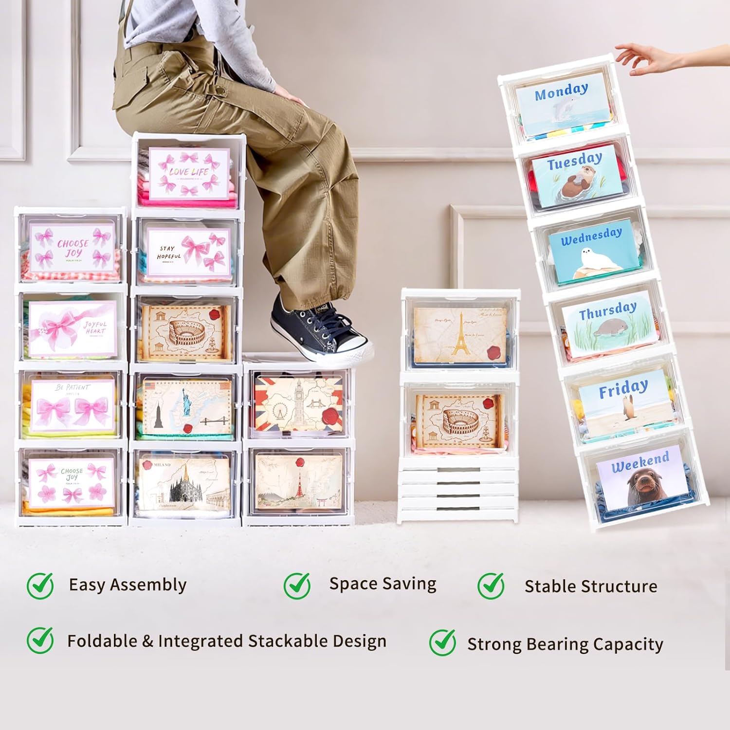 6-Tier Daily Weekly Clothes Organizer(with 18 Labels),Foldable Plastic Shoe Storage,Closet Organizers and Storage for Daily Essentials,for Bedroom,Living Room,Travel