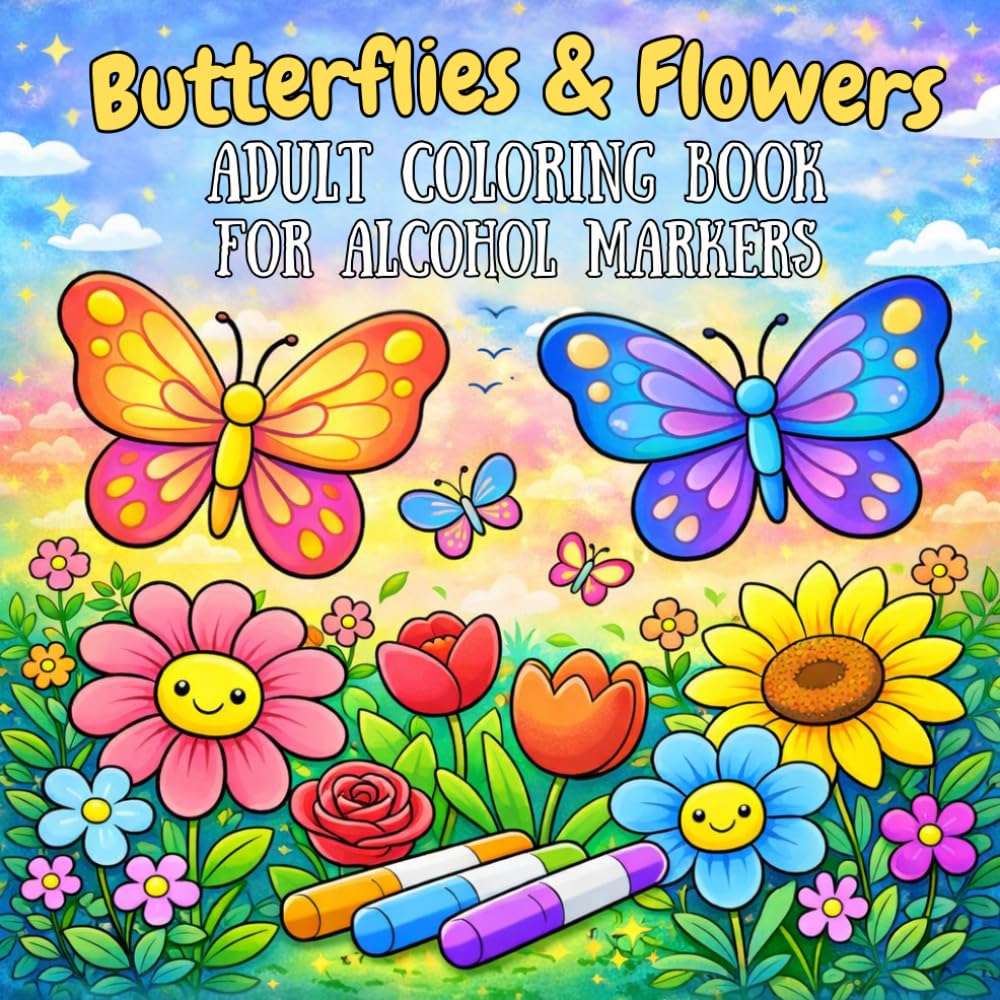 Butterflies & Flowers: Adult Coloring Book for Alcohol Markers: Large Print Bold & Easy Designs for Adults and Teens