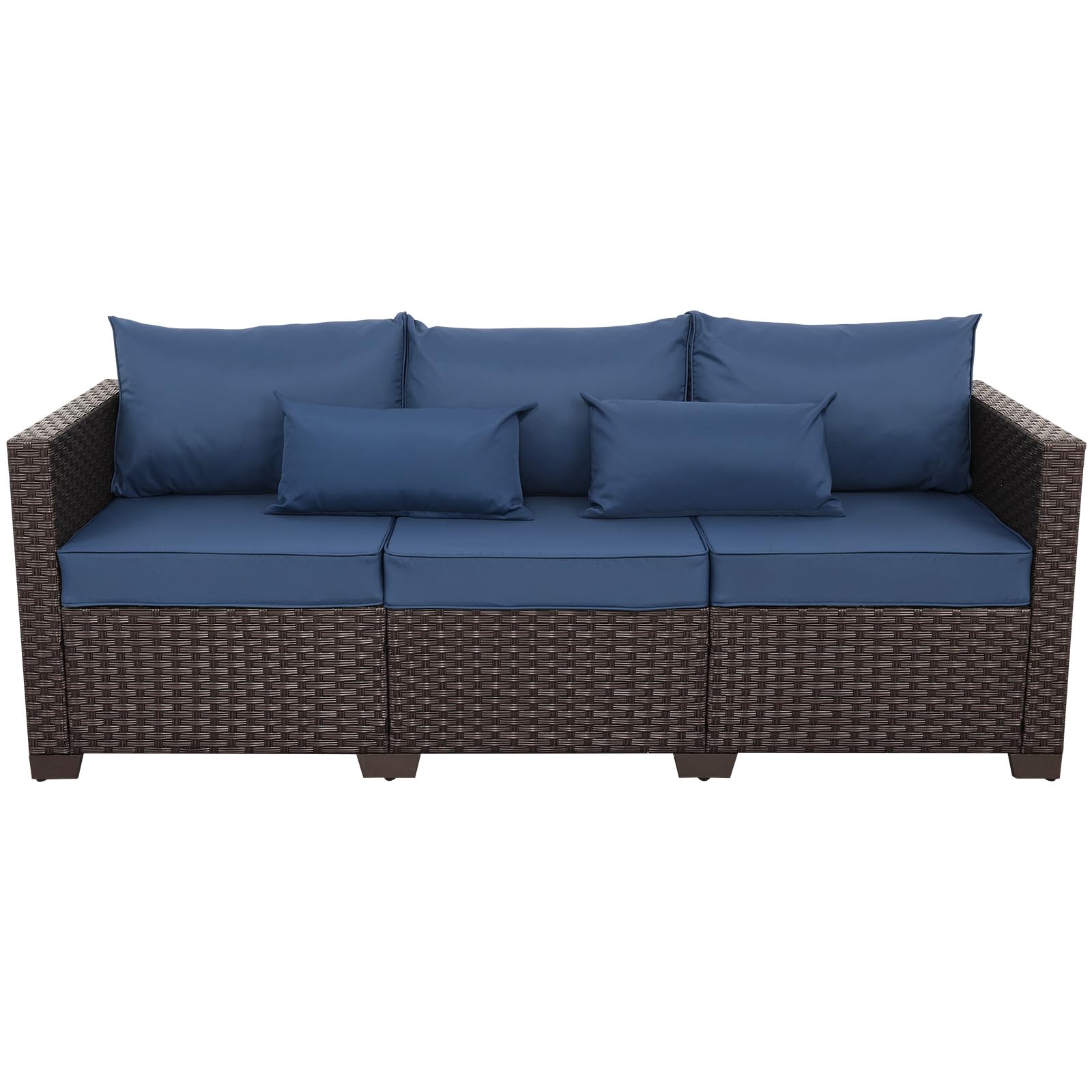 Rattaner 3-Seat Patio Wicker Sofa, Outdoor Rattan Couch Furniture Steel Frame with Furniture Cover and Deep Seat High Back, Blue Anti-Slip Cushion.