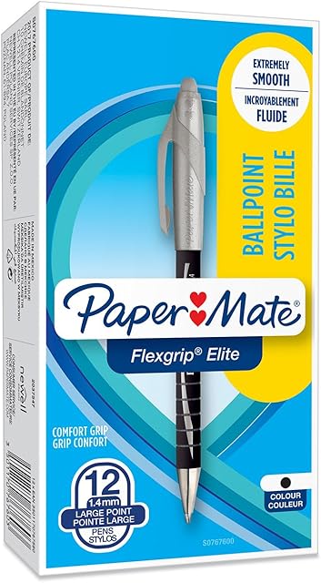 Paper Mate Flexgrip Elite Ballpoint Pens | Medium Point (1.4mm) | Black | Retractable | 12 Count