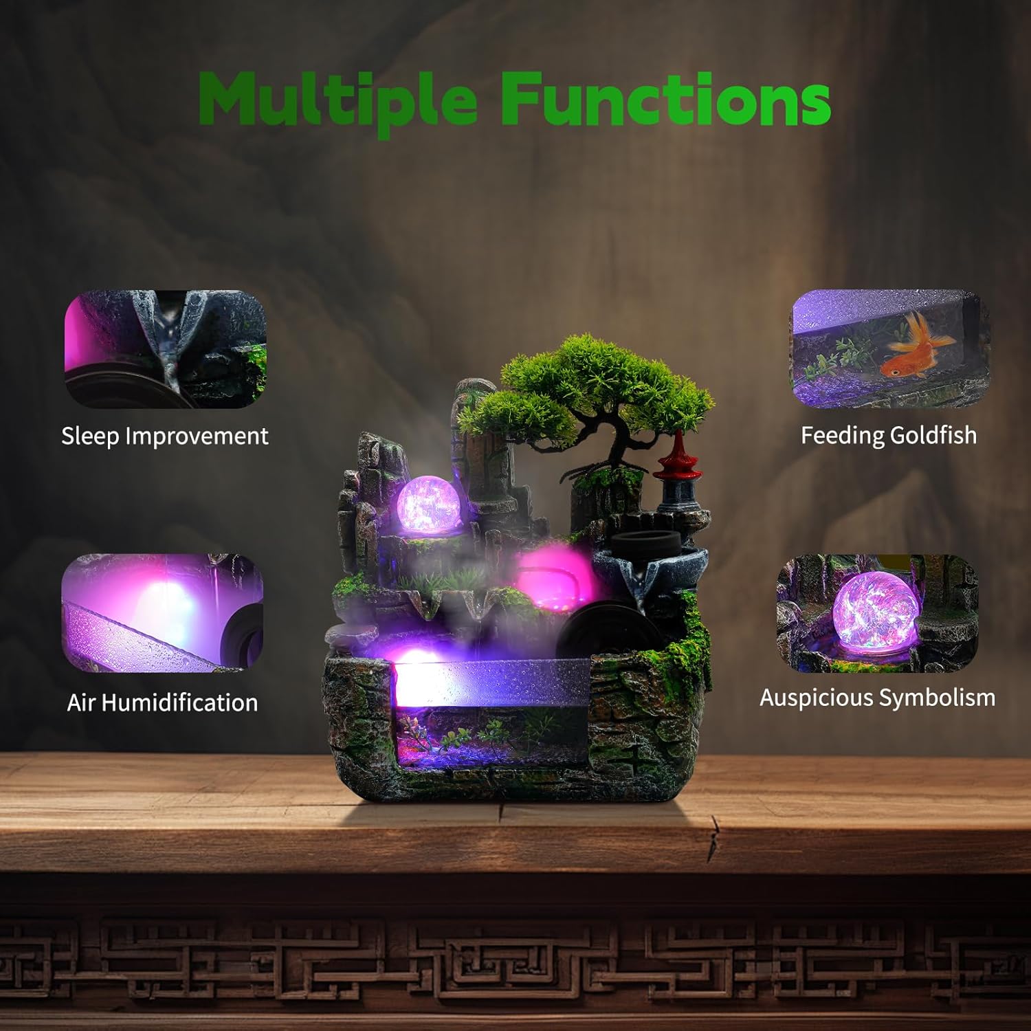 Indoor Zen Rockery Fountain with Birds & Fisherman Sculpture – Feng Shui Waterfall Desktop Decor for Office/Home | Soothing Water Sound & Energy-Efficient Pump (Wigwam with Atomize...