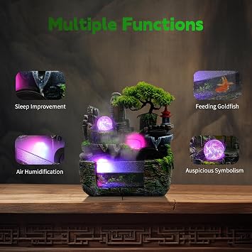 Rockery Water Fountains Table Top Water Fountain Indoor Ornaments Resin Atomizing Mini Waterfall Fountain with LED Lights for Meditation Relaxation and Wall Outlet Home Office Desk Decorate
