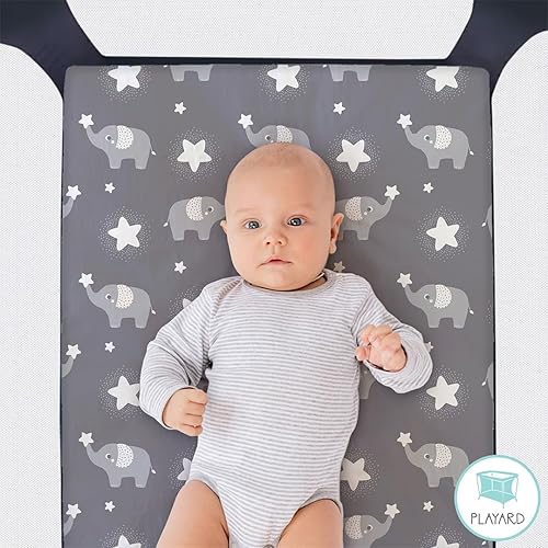 Miniatura 6 de The Peanutshell Juego de sábanas bajeras para cuna, corralito, paquete de sábanas de juego, corralito, estrellas de elefante