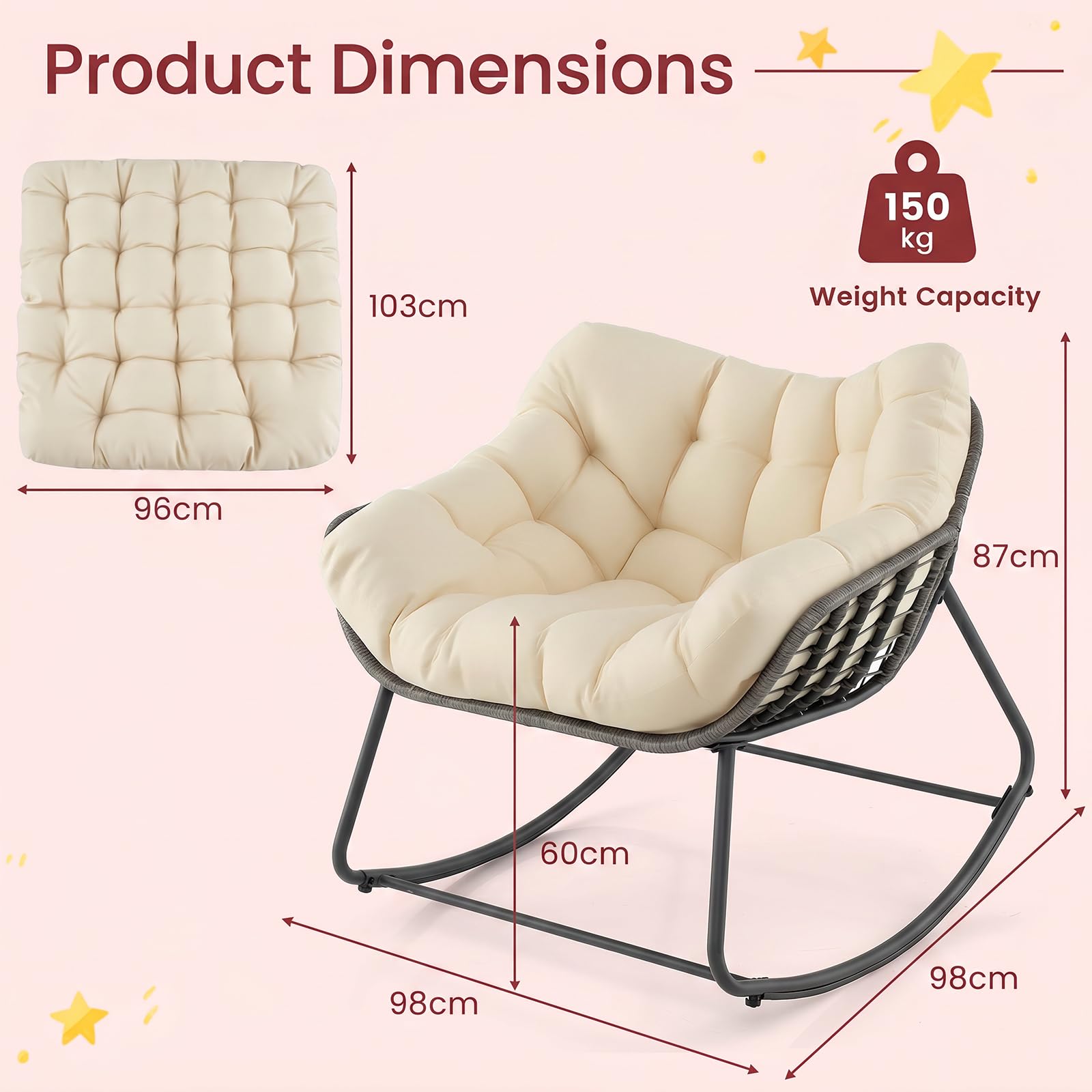 SOARS Fauteuil à Bascule de Jardin, Chaise à Bascule Papasan en Rotin avec Coussin Rembourré et Amovible, Cadre en Métal, Charge 150 KG, pour Intérieur et Extérieur, Salon Balcon Terrasse, Beige