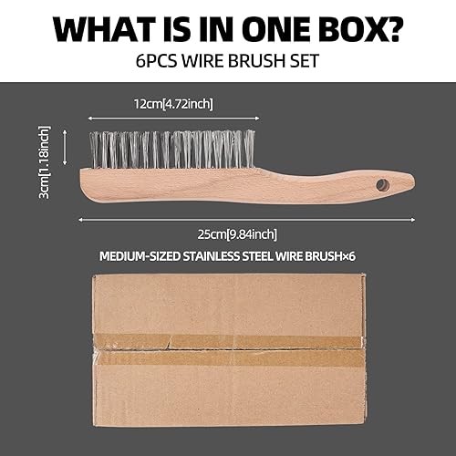 Miniatura 7 de Juego de 6 cepillos para raspar de alambre con mango de madera (6 unidades, 10 pulgadas, 4 x 6 filas, cepillos de alambre de acero al carbono con
