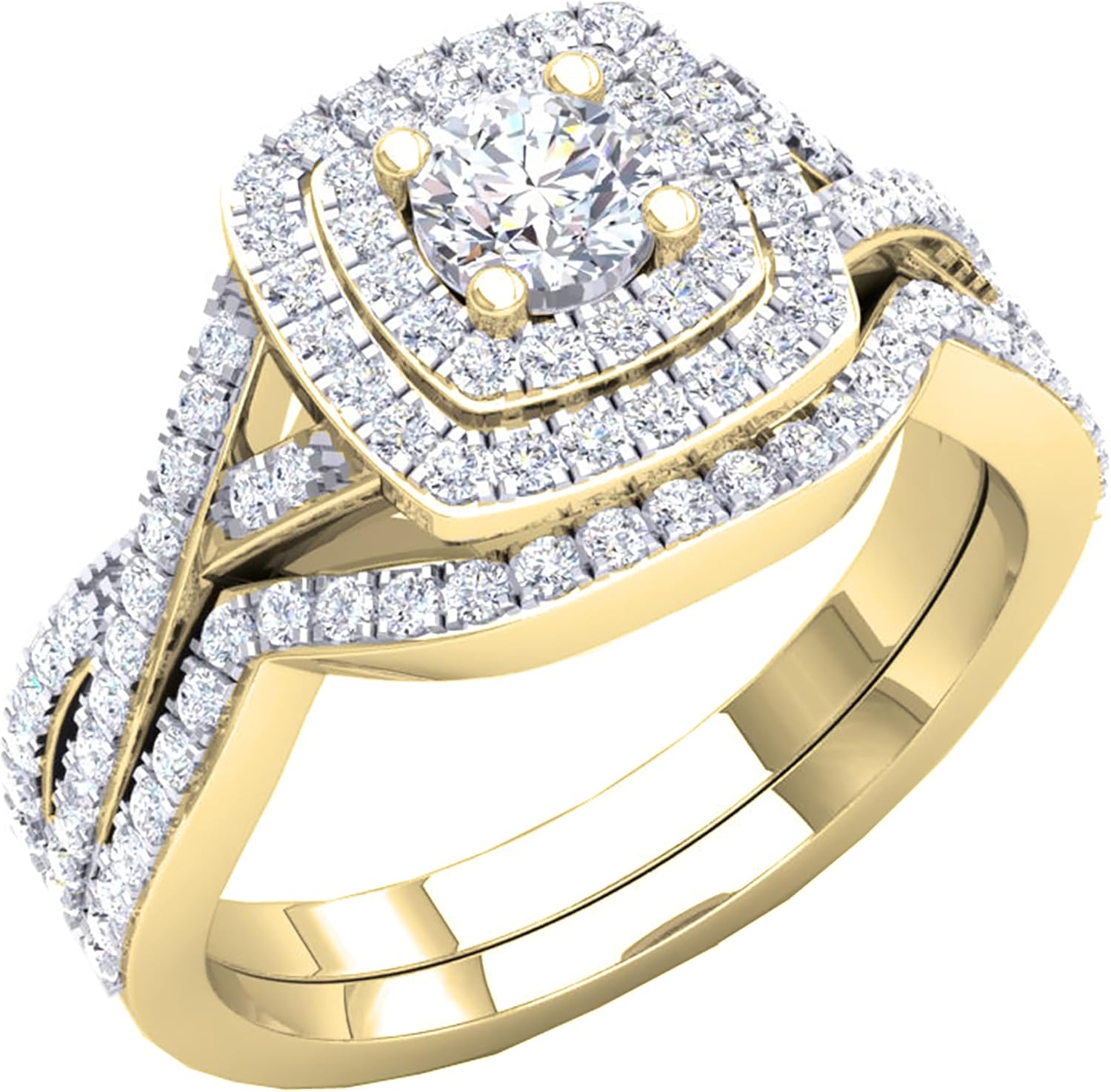 Dazzlingrock Collection 4mm Center Round Cubic Zirconia Halo Cushion Criss Cross Wedding Ring Set for Women (1.40 Ctw) in 10K Real Solid Gold