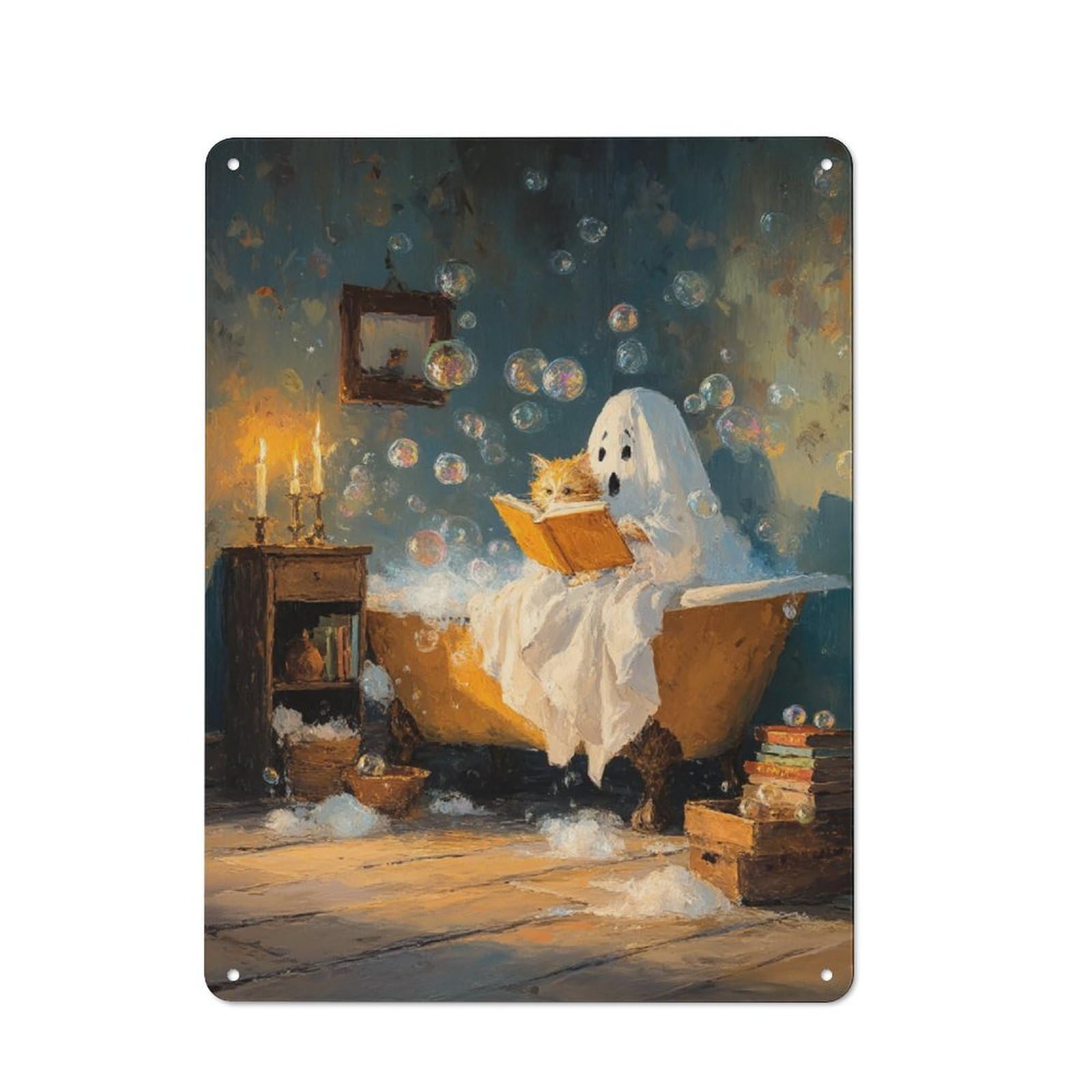 Junmoney Ghostly Bath & Bookish Whiskers Metal Plaque 40X30cm With For Hallway Wall, Retro Decor, For Wall Display Collectors