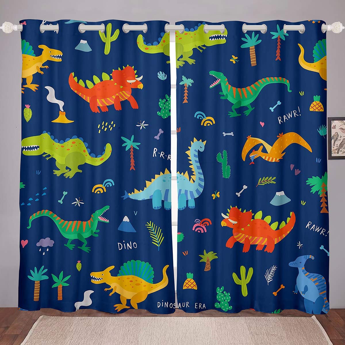 Kids Dinosaur Curtains Cartoon Dinosaur Printed Curtains for Bedroom Living Room for Child Boys Girls Cute Animal Pattern Windows Drapes Children Room Decoration,W46*L72