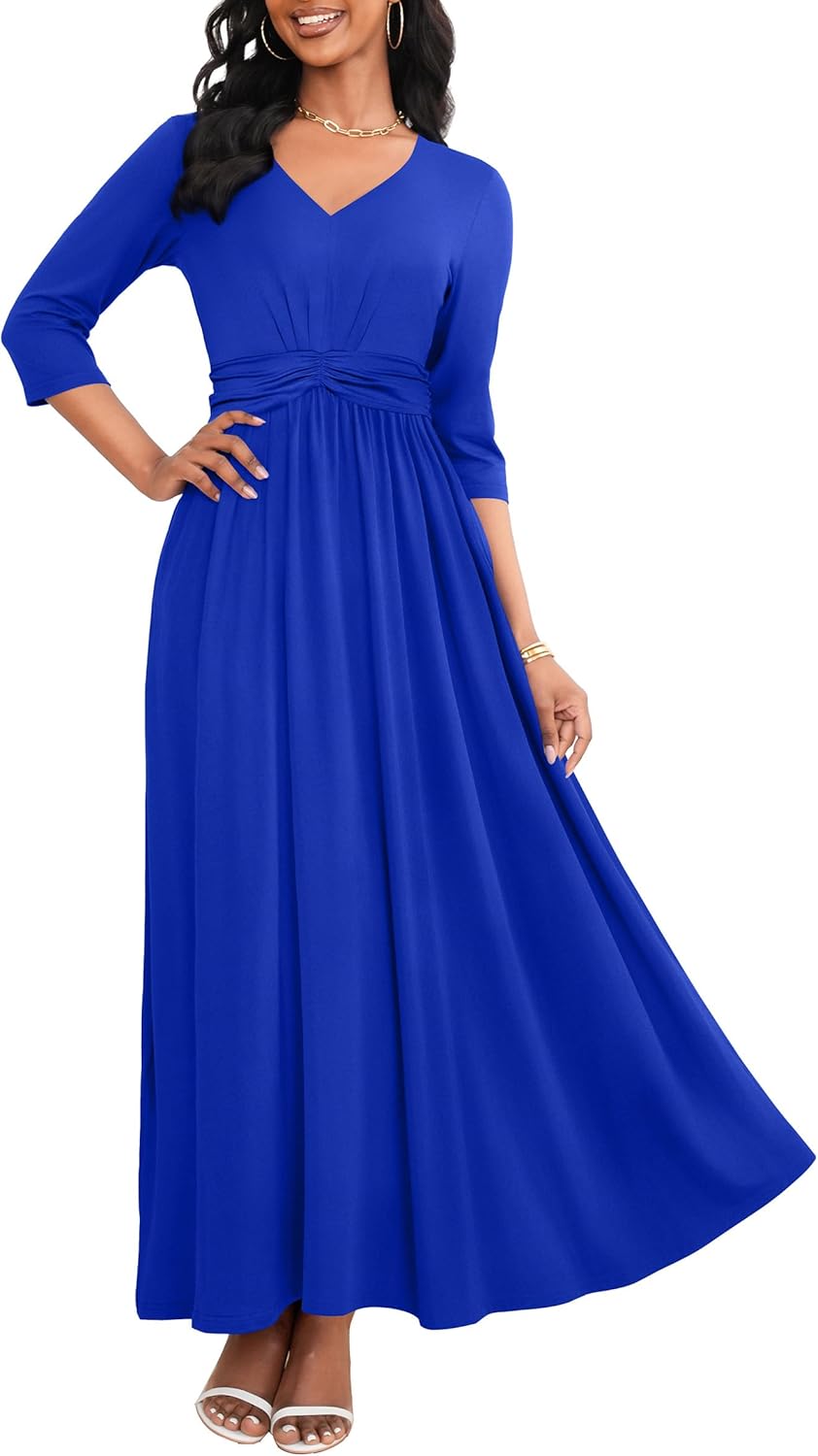 FANDEE Casual Maxi Dress for Women Summer Wtih Pockets 3/4 Sleeve V Neck Elastic High Waist Elegant Pleated A-Line Dresses