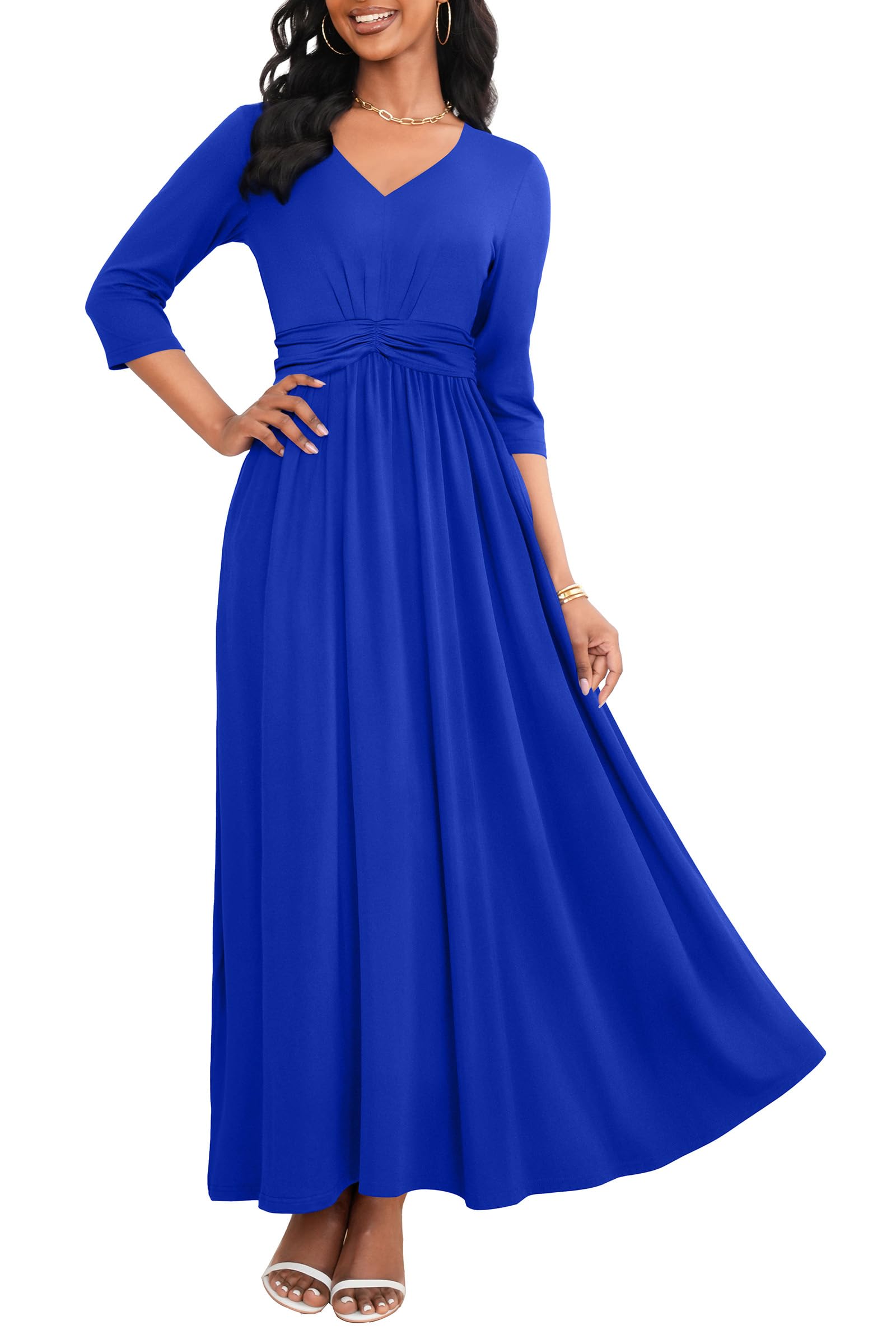 FANDEE Casual Maxi Dress for Women Summer Wtih Pockets 3/4 Sleeve V Neck Elastic High Waist Elegant Pleated A-Line Dresses