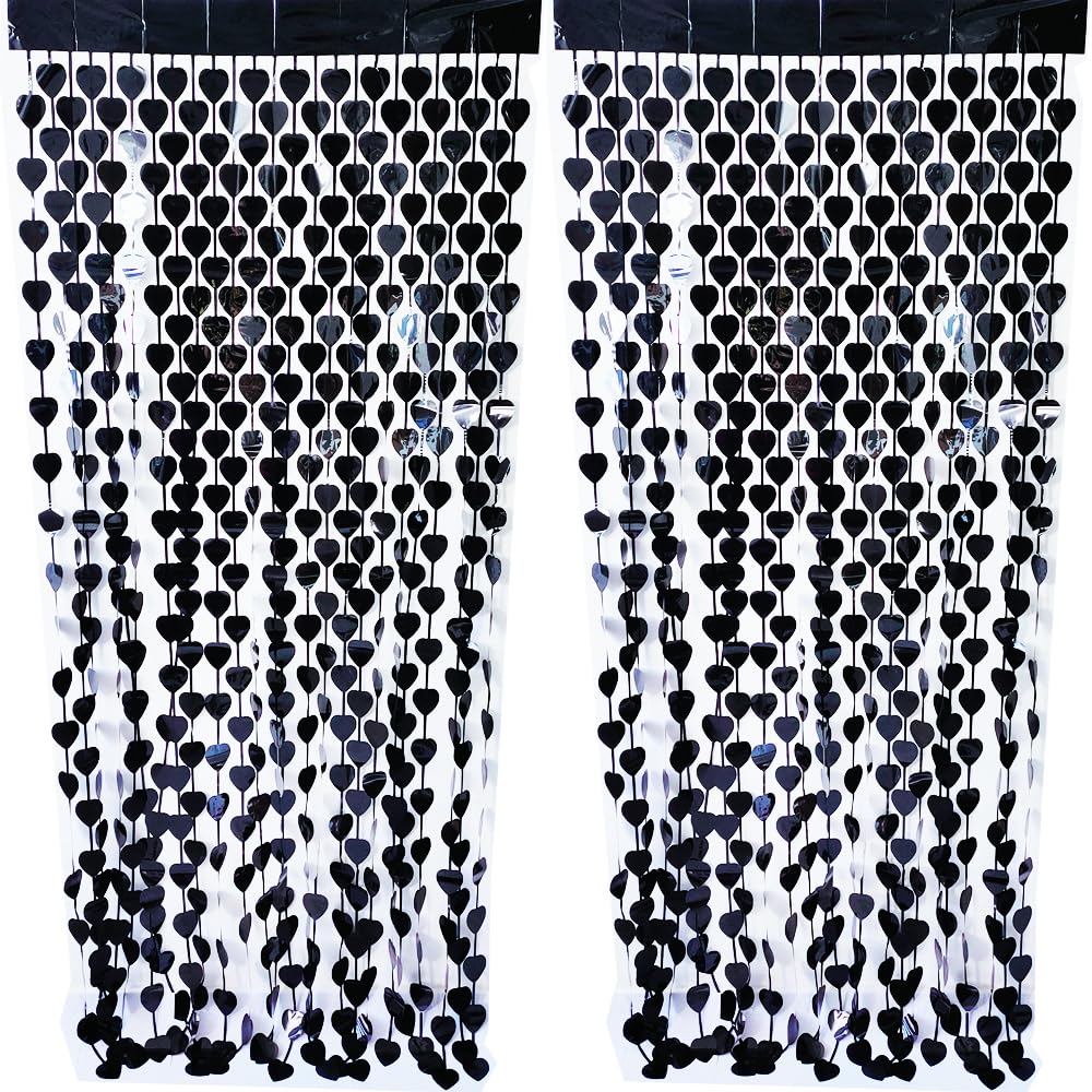 CYBERNOVA 2 Pack Cortina de Flecos de Fondo, 1x2M en Forma de corazón metálico oropel Flecos serpentinas Cortinas de Fondo para cumpleaños graduación Fiesta decoración (Negro)