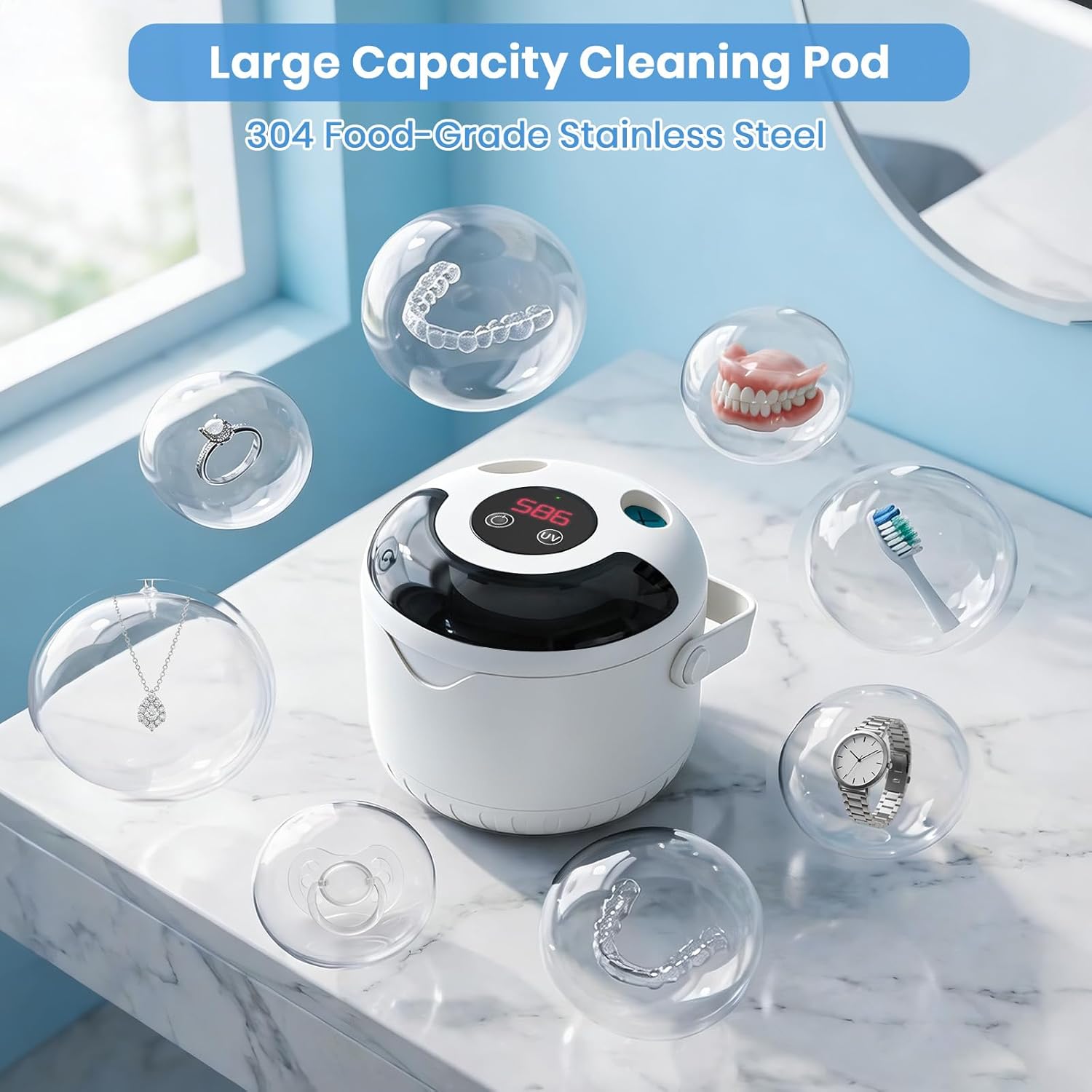 Ultrasonic Retainer Cleaner Machine, Upgraded Handle Design, 45kHz for Dentures, Night Guards, Aligners & Jewelry, Digital Timer Deep Cleaning (White)