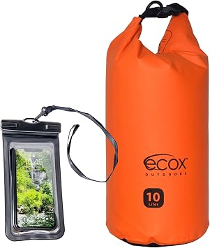 ecox Outdoors حقيبة جافة مقاومة للماء للأنشطة في الهواء الطلق تتضمن بنية PVC عالية الجودة حافظة هاتف مقاومة للماء وحزام جانبي لسهولة الحمل (Orange، 10L)