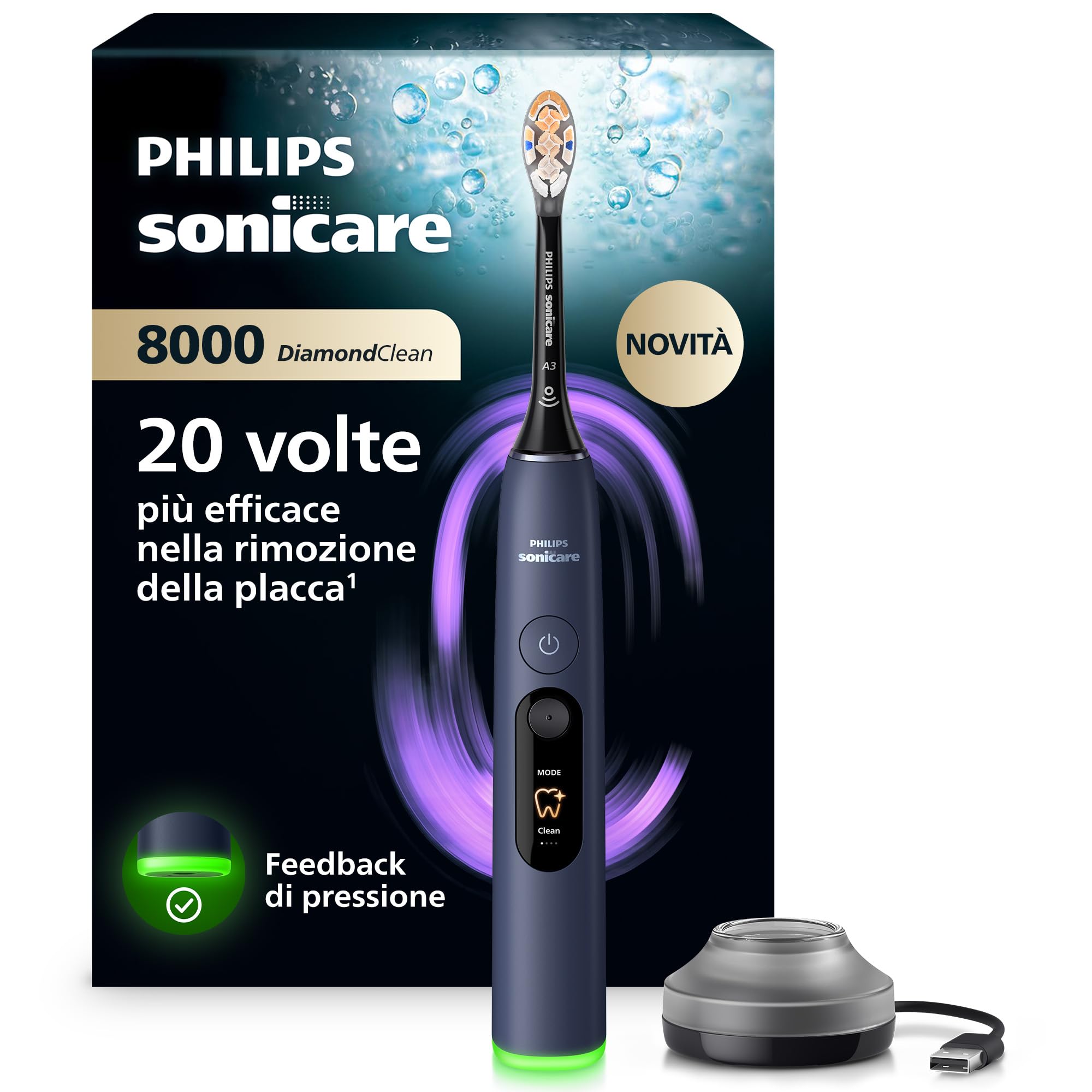 Philips Sonicare Next-Generation DiamondClean 8000 Spazzolino elettrico - con Feedback di pressione, 15 impostazioni, blu scuro, HX8311/13
