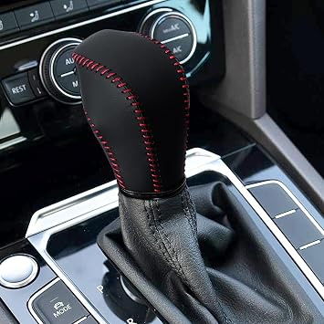 Leather Gear Shift Knob Cover Compatible with Volkswagen Atlas Beetle Golf Passat Jetta Tiguan 2011-2021 Black Leather with Red Stitches Shifter Knob Cover - Black&Red