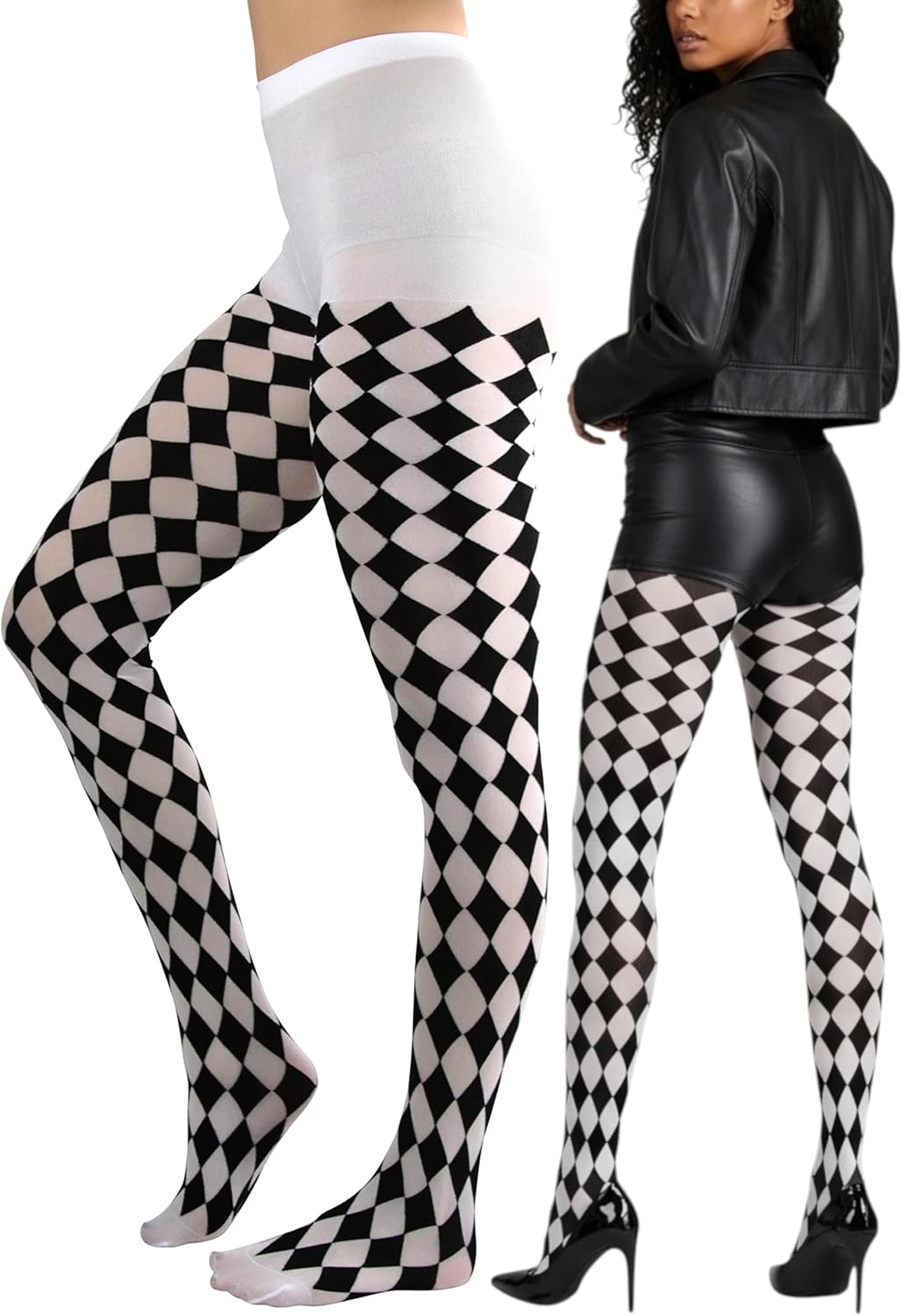 ToBeInStyle Women's Harlequin Checkered Diamond Optical Illusion Opaque Tights Pantyhose - Black & White