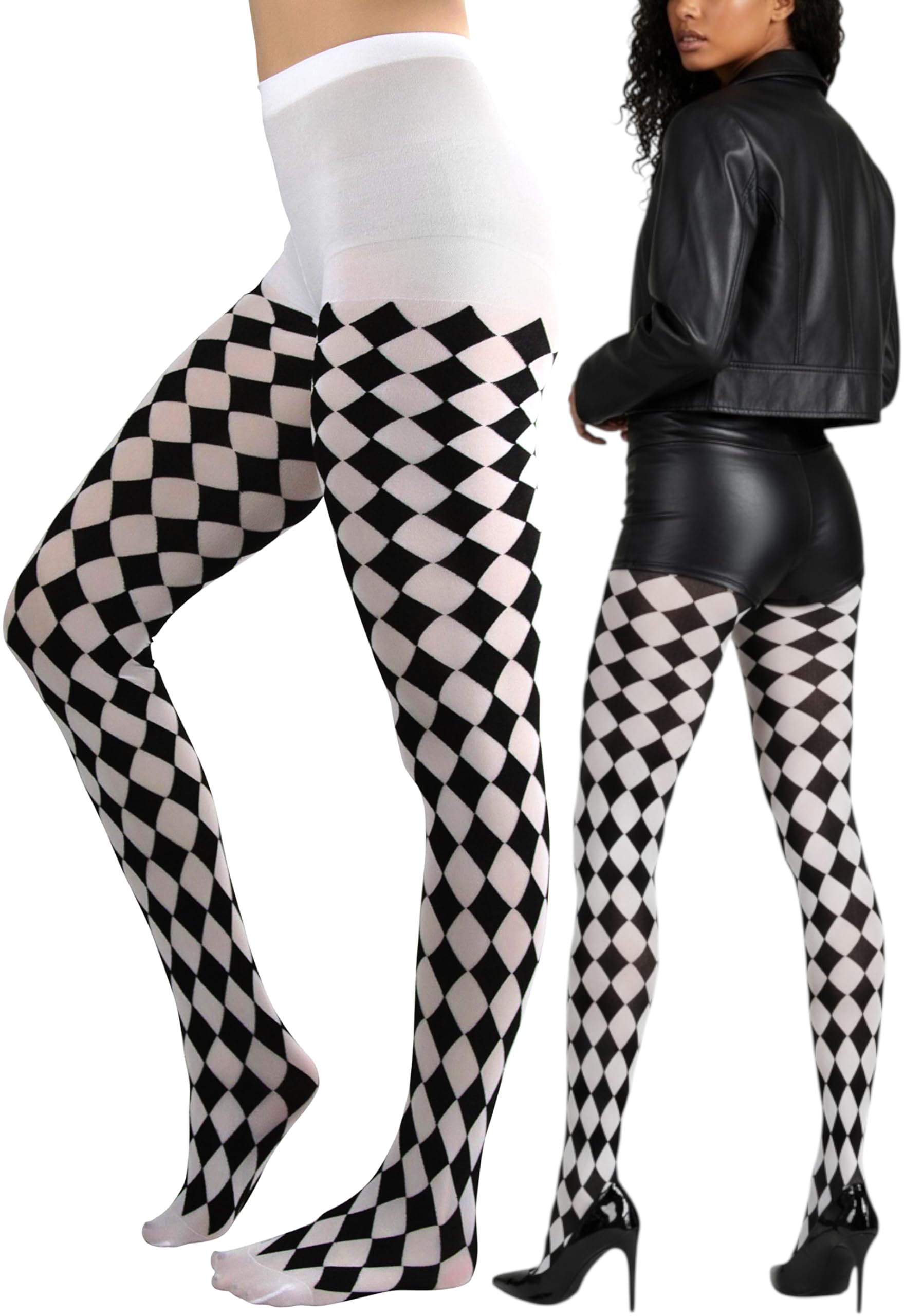 Women's Harlequin Checkered Diamond Optical Illusion Opaque Tights Pantyhose - Black & White