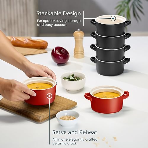 Vista 11 de Kook Cuencos apilables de cerámica, aptos para horno, microondas y lavavajillas, con asas, para cazuela, pasta, cereales, capacidad de 18 onzas