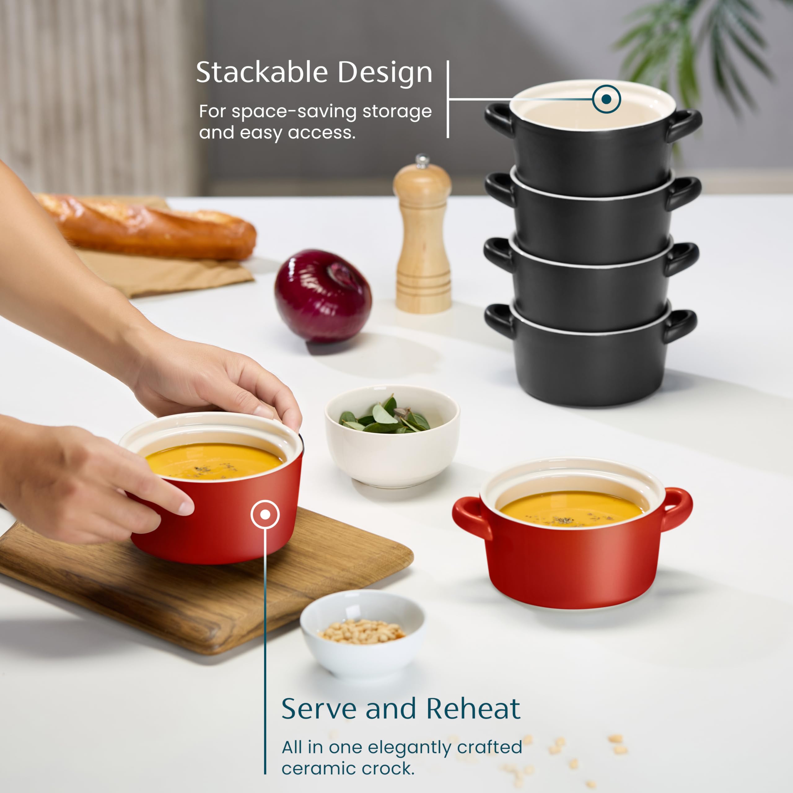 Kook Garnki do zupy, ceramiczne miski do układania w stos, broil, piekarnik, kuchenka mikrofalowa i zmywarka, z uchwytami, do zapiekanek, makaronu, płatków śniadaniowych, 18 standardowych pojemności,
