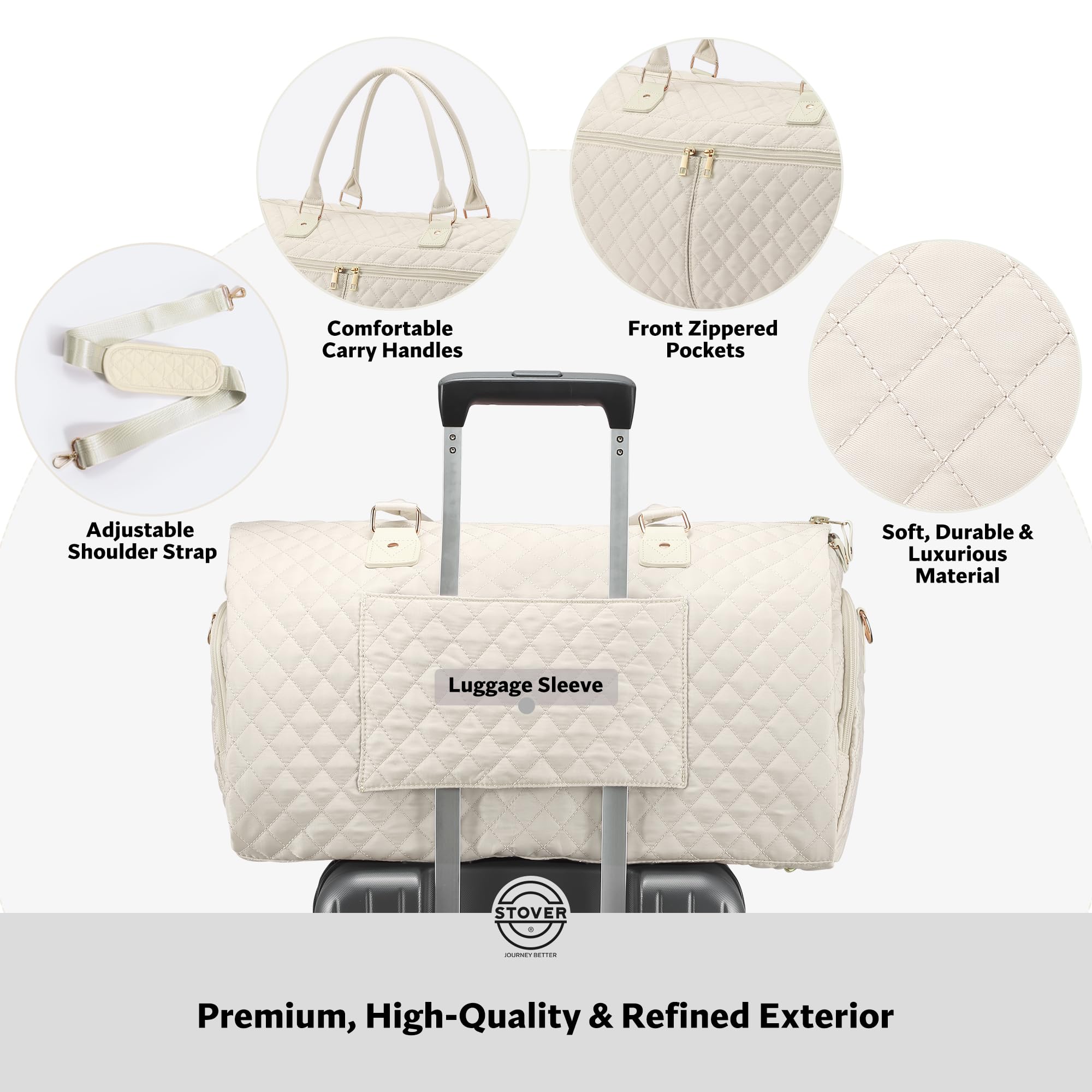 STOVER Damen wandelbare Kleidertasche für Reisen, 2-in-1 Handgepäcktasche für Wochenendausflüge, faltenfreie Kleider, hängende Anzüge, Kleidung + Schuhfach & Bonus Kulturbeutel, Kaschmir-Creme, 20