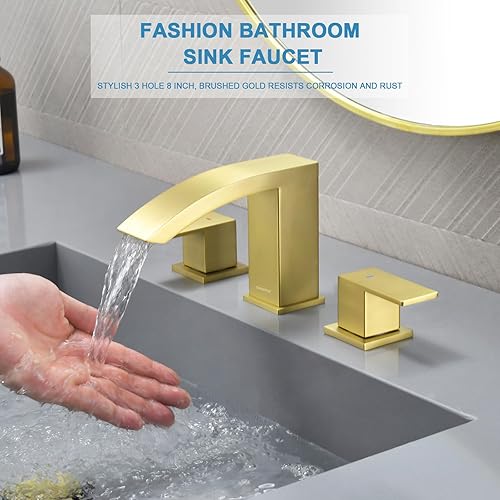 Miniatura 2 de OMEKNTOP Grifo de baño de 3 agujeros, grifo de lavabo de baño con drenaje desplegable de 8 pulgadas, grifo de cascada generalizado de 2 manijas con