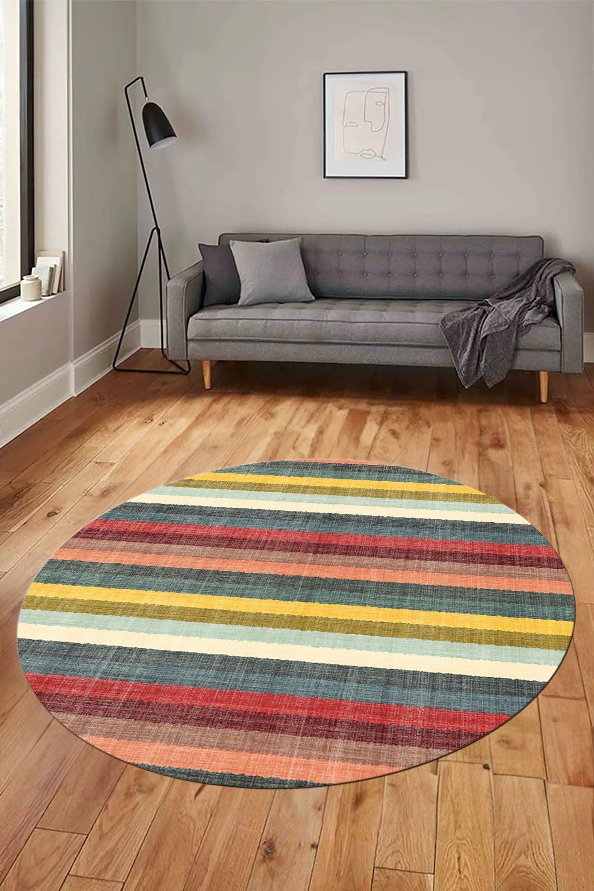 Evdeya Modern Kilim Desen Dijital Kaymaz Taban Yıkanabilir Yuvarlak Mutfak Salon Halısı Y-MODERN-25, Çok Renkli, 100 x 100