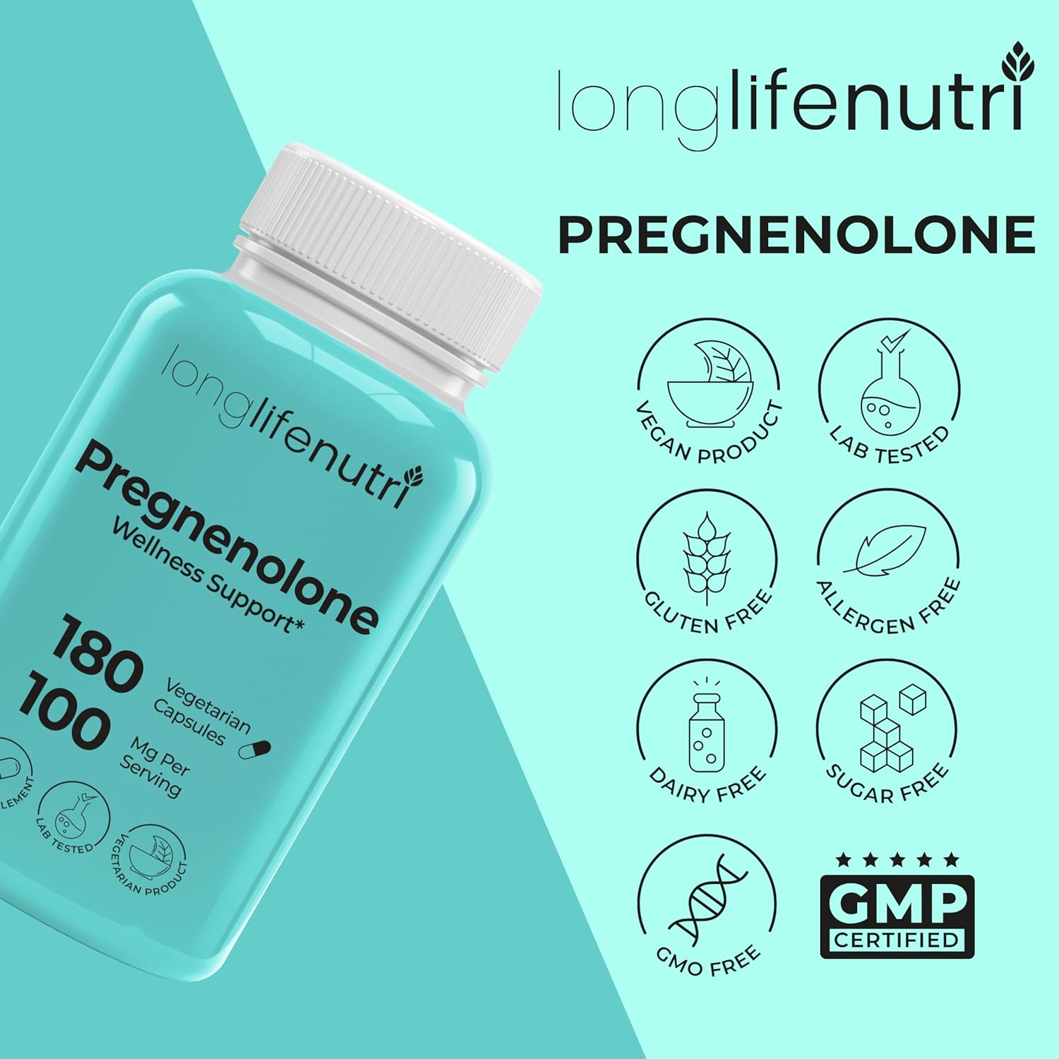 Brain & Hormone Support Pregnenolone - 180 Veggie Caps for Enhanced Memory, Focus & Vitality - Made in USA