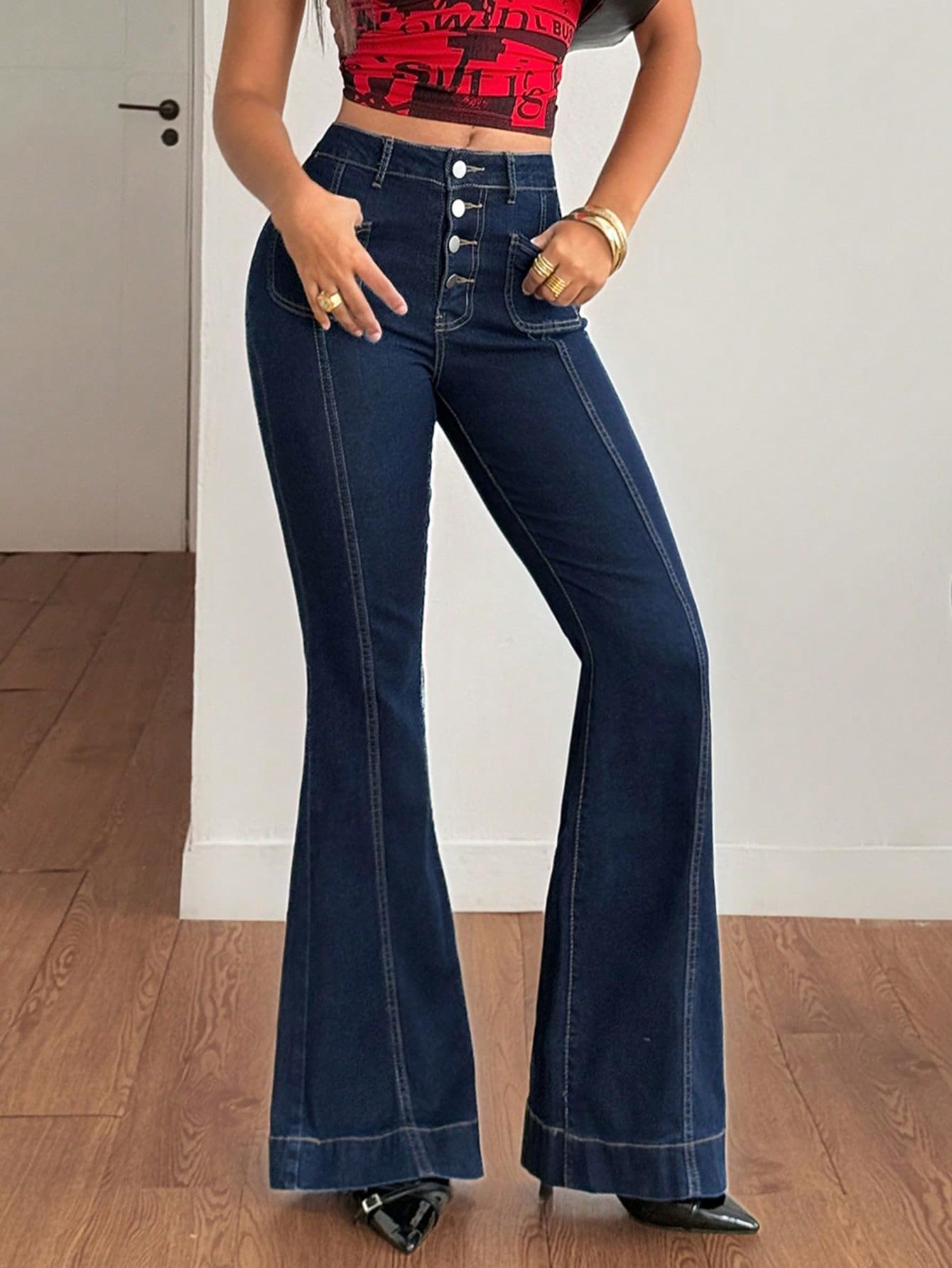 Womens Casual High Waisted Flare Jeans Stretch Wide Leg Jeans for Club Party and Daily Leisure Life