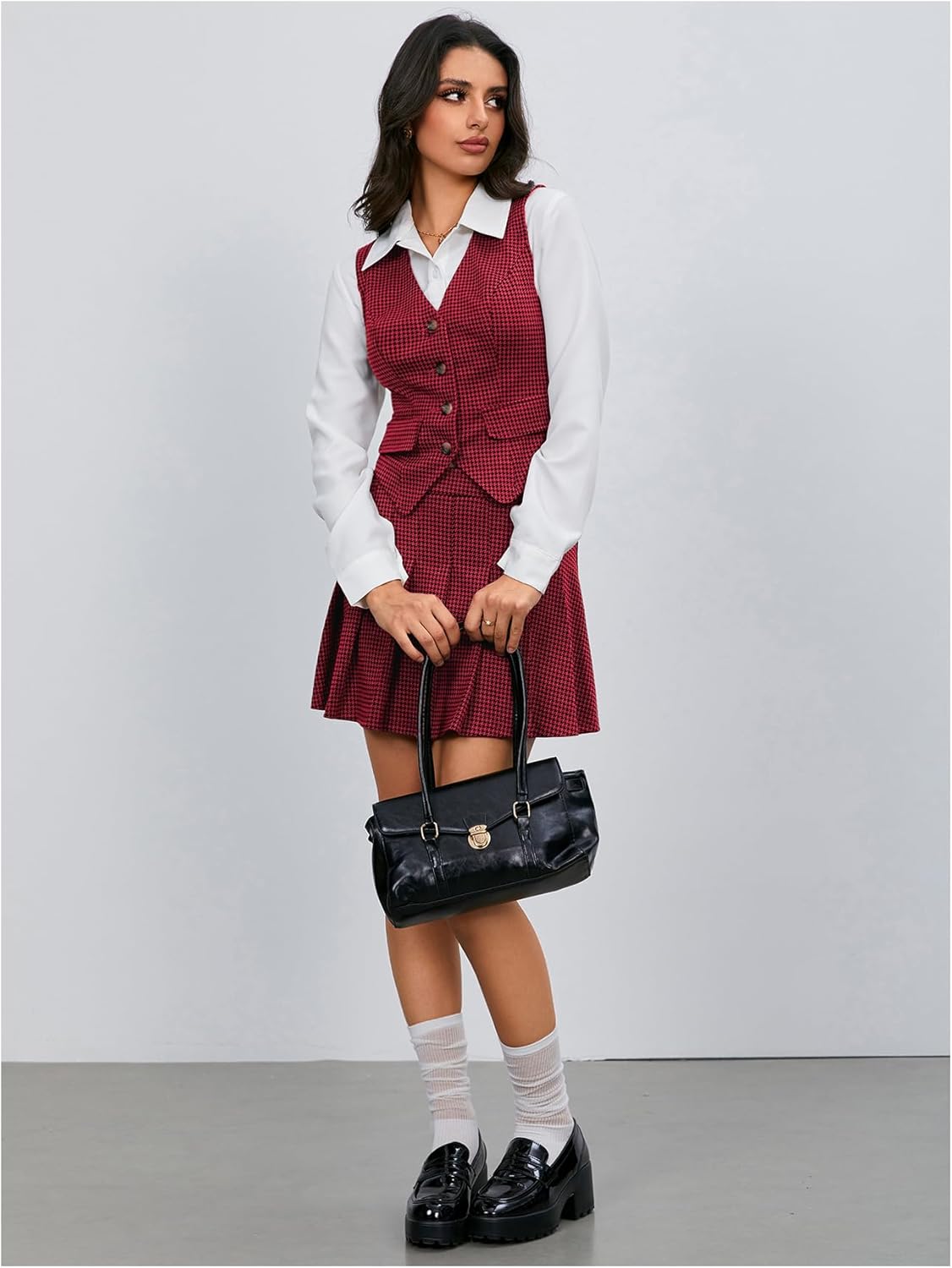 Milumia Women's Plaid Skirt Sets 2 Piece Outfits Blazer Vest Top and Pleated Mini Skirt Suit