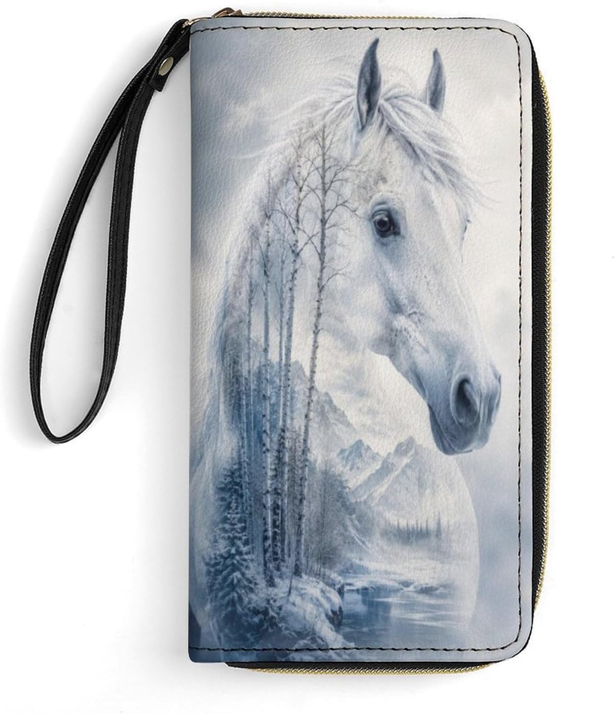 White Horse Winter Landscape PU Leather Long Wallet for Women (4.1"x7.8"), Zip Around Wristlet Clutch Purse with Hand Strap, Portable Phone Holder Card Organizer for Daily Travel & Work
