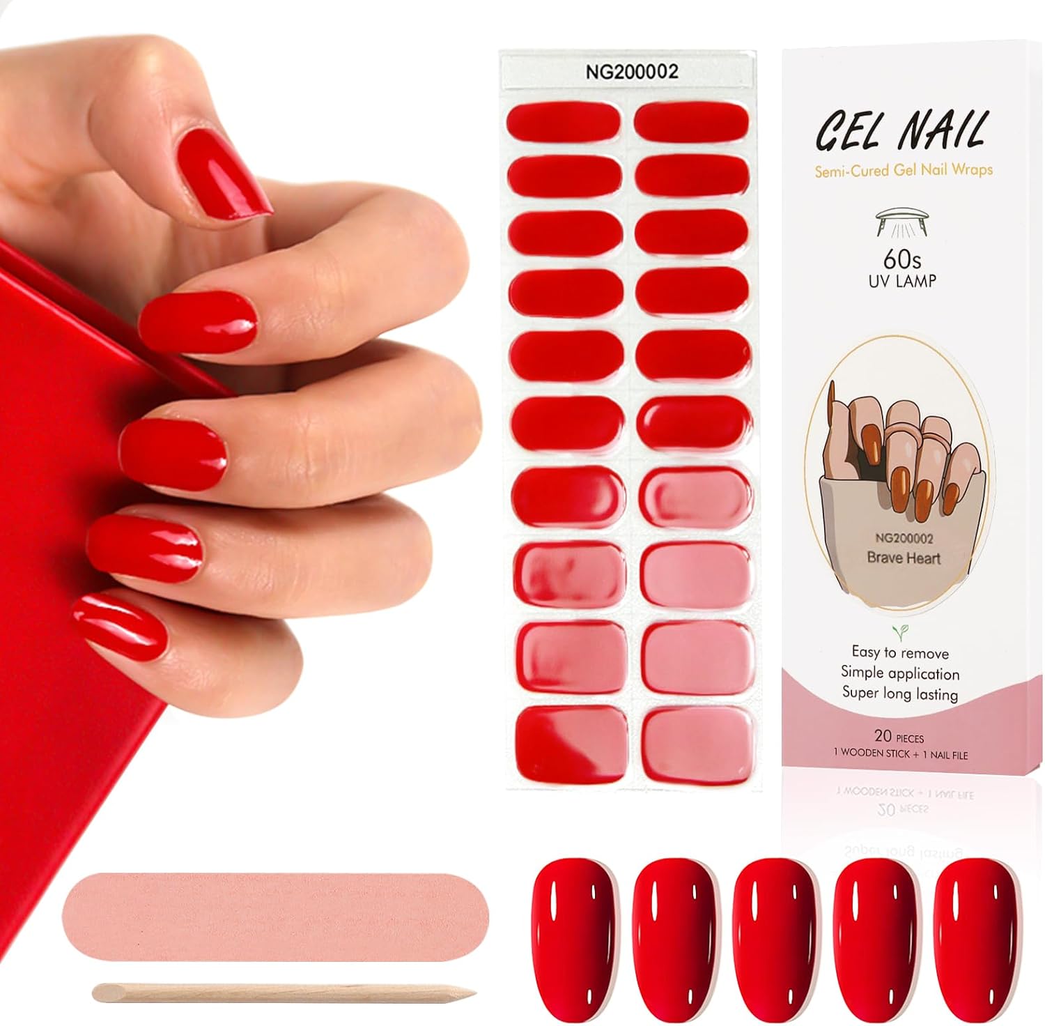 Kalolary 20 Stickers Nail Gel Polish Strips, Red Full Wraps Nail Polish