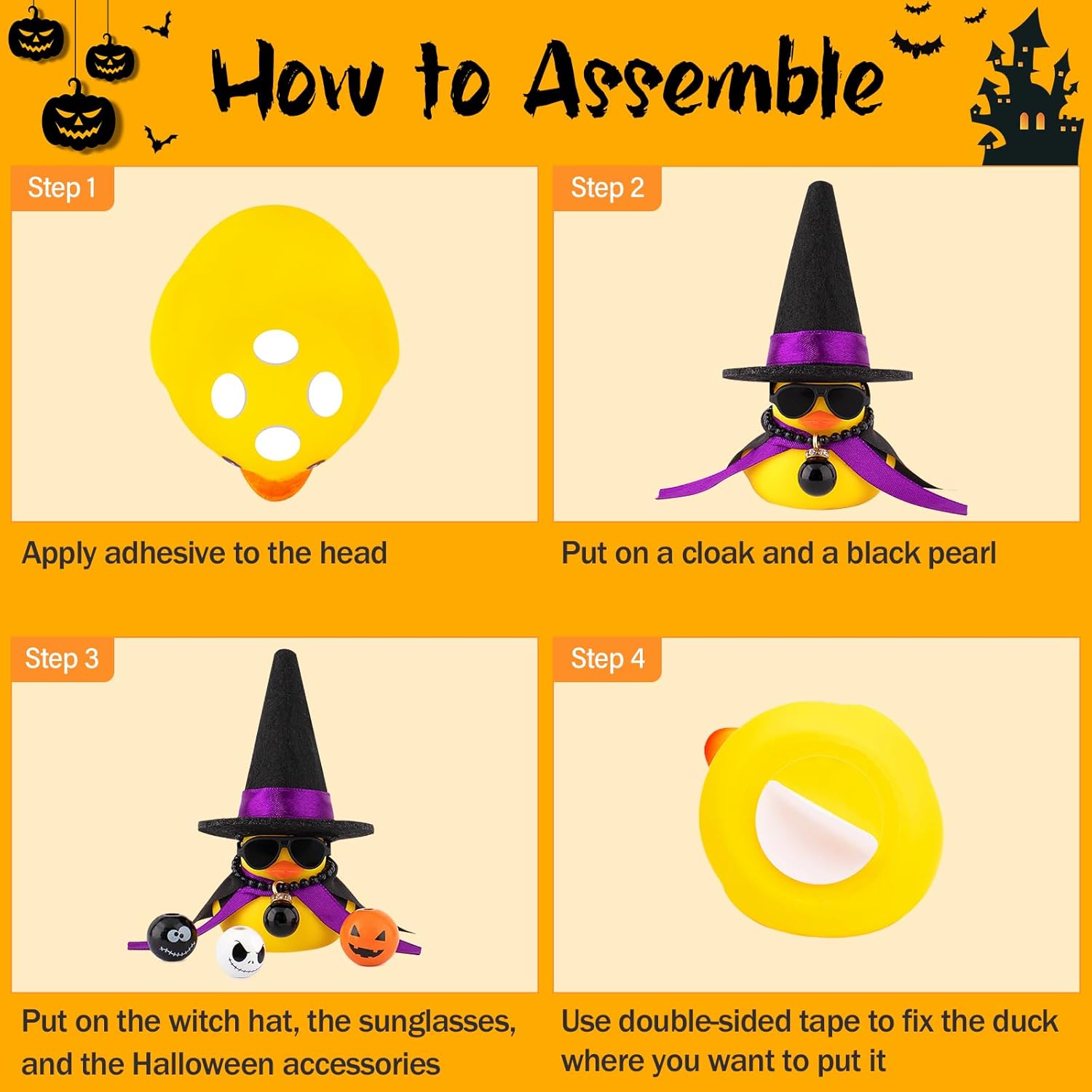 wonuu Halloween Rubber Duck Witch Duck Car Decorations Halloween Accessories Witch Hat Pumpkin Skull and Cloak, Halloween Cloak