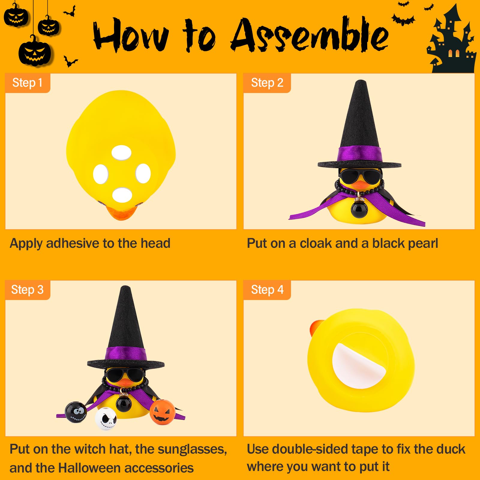 wonuu Halloween Rubber Duck Witch Duck Car Decorations Halloween Accessories Witch Hat Pumpkin Skull and Cloak, Long Black Skirt