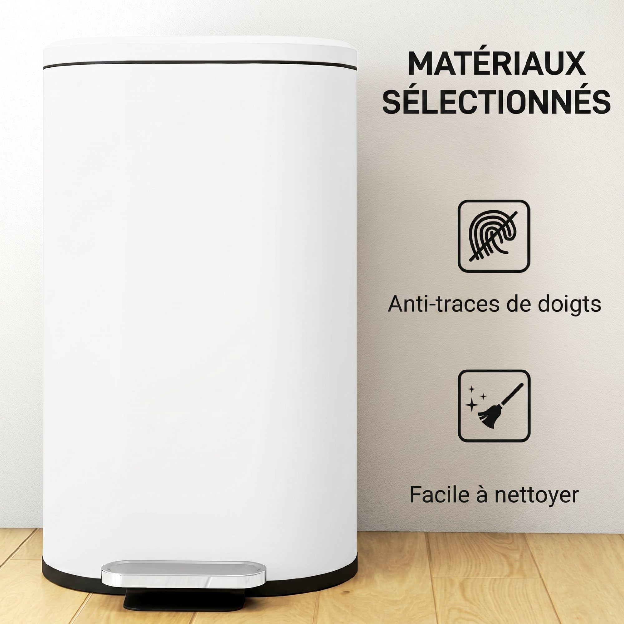 HOMCOM Poubelle cuisine 30L, poubelle à pédale rectangulaire avec seau intérieur amovible, couvercle à fermeture douce 90° et maintien en ouverture, anti-traces, pour bureau et maison, blanc