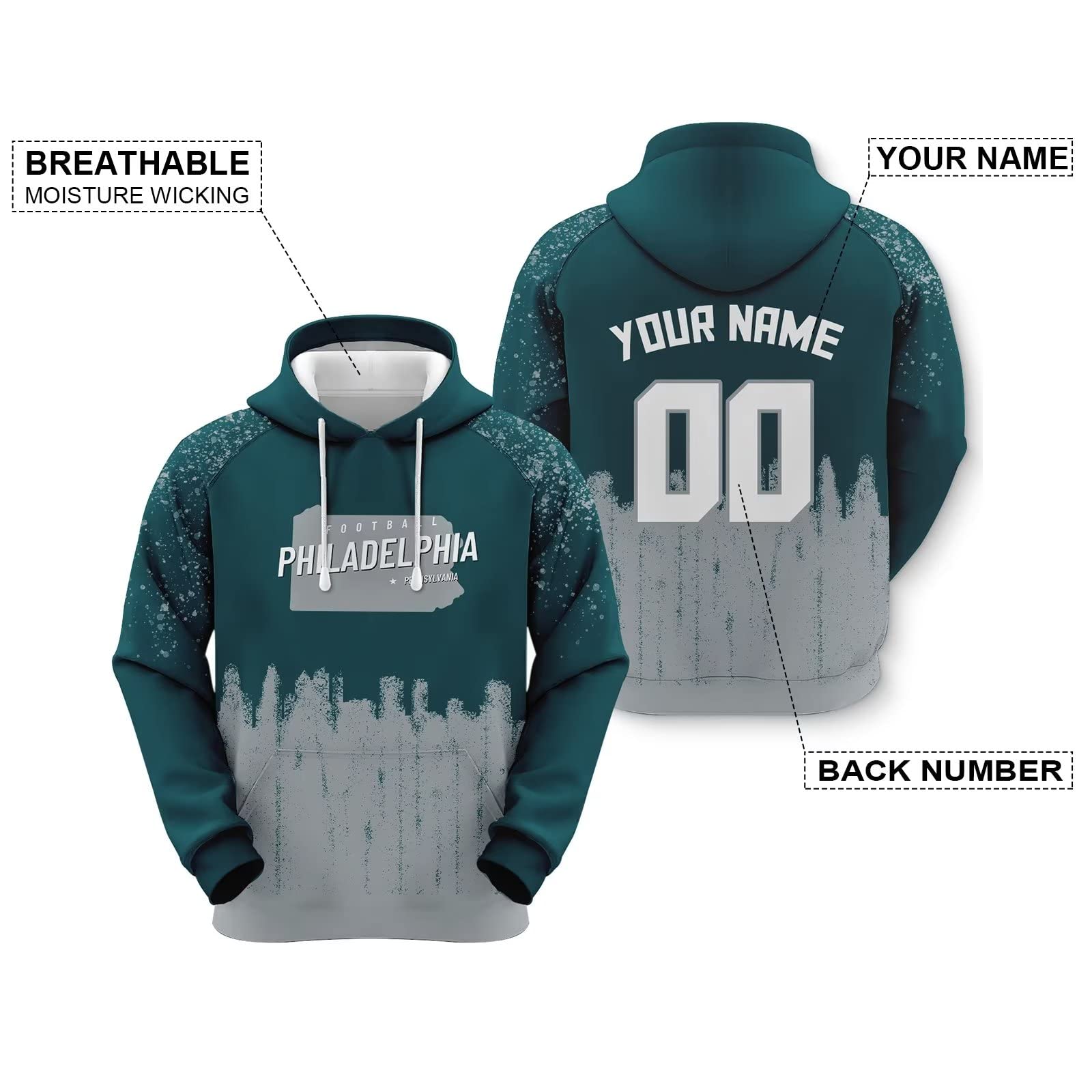 Slaccvd Philadelphia Hoodie Custom Football Sweatshirt Personalized Sweatshirt Design Any Name Number for Football fans Green White Small-5X-Large