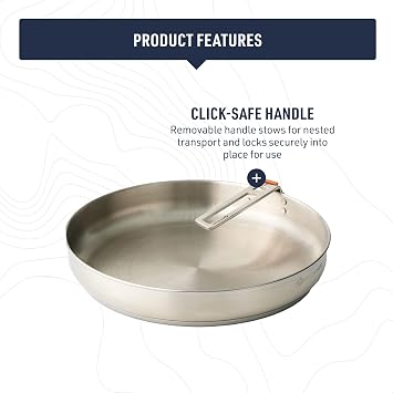 SEA TO SUMMIT - Detour Stainless Steel Pan - 1 to 2 People - 25cm Camping Frying Pan - Click-Safe Removable Handle - Induction Cooktop Compatible - Stainless Steel Camping Cookware - 917g