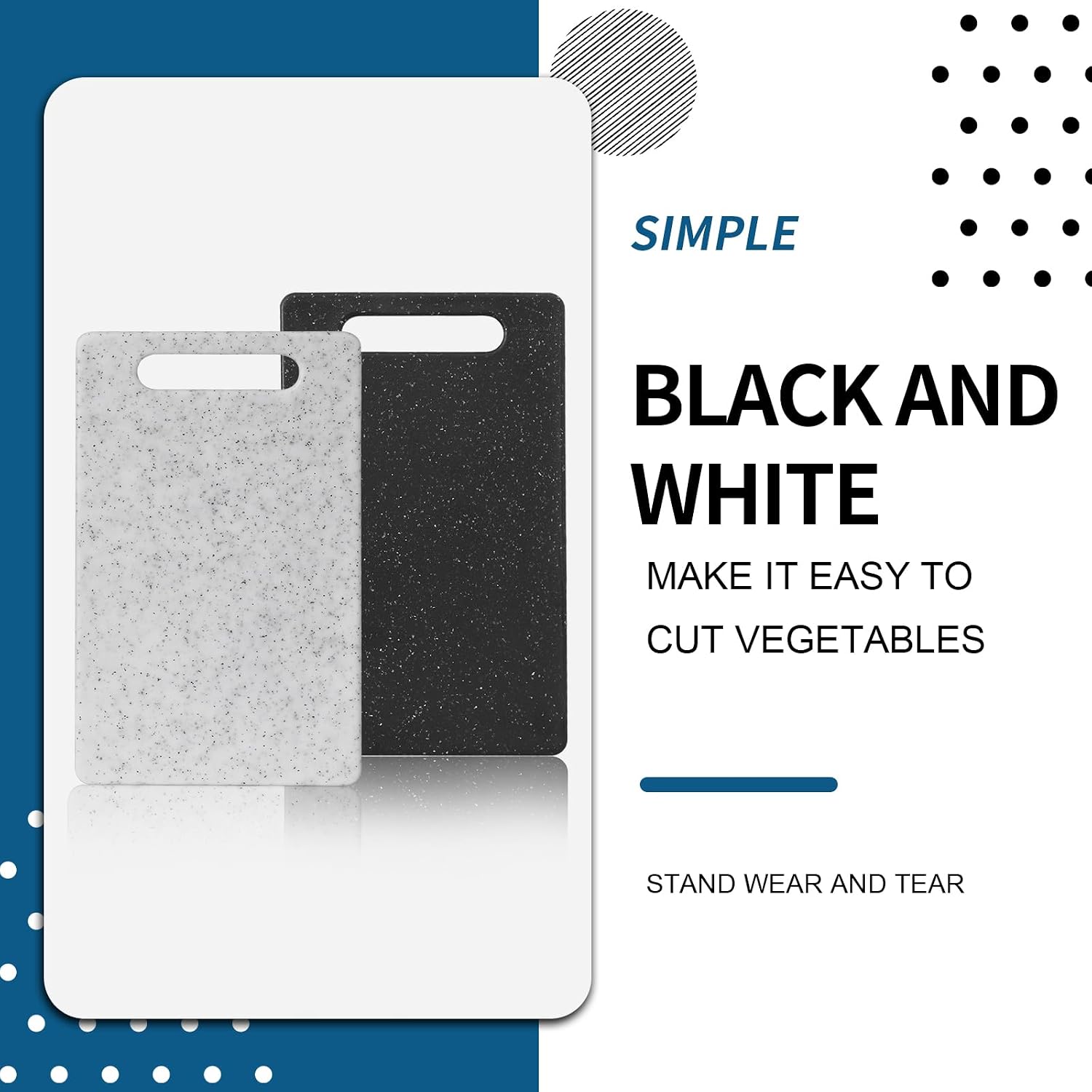 2 Pcs mini plastic cutting boards for the kitchen, in granite color, are suitable for food preparation, fruit and vegetable cutting.They feature an easy-to-hold design （6" x 10"，White+Black)