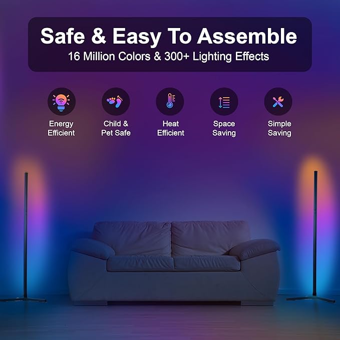 Oizuon 2 Pack Corner Floor Lamp - 57'' Tall RGB Lamp with Music Sync, 16 Million Colors, 88 LED Dual RGB White, Voice & App Control Mood Light with Timer & Remote for Gaming, Bedroom & Living Room photo 5
