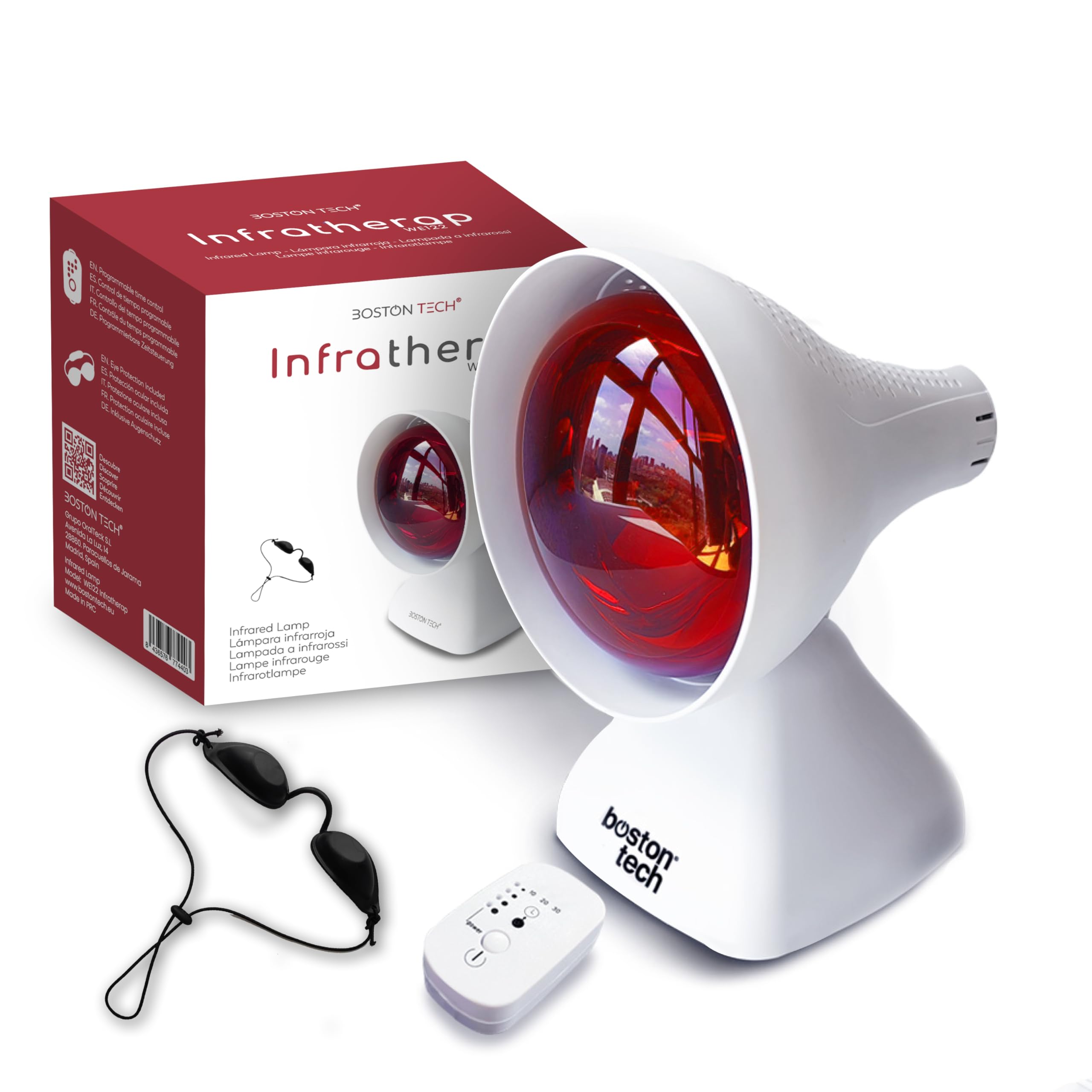 Boston Tech WE122 Lampada a infrarossi da tavolo fisioterapia dispositivo termico potenza 200 W sollievo dolori e tensioni muscolari 3 livelli di inclinazione Timer e protezione degli occhi.