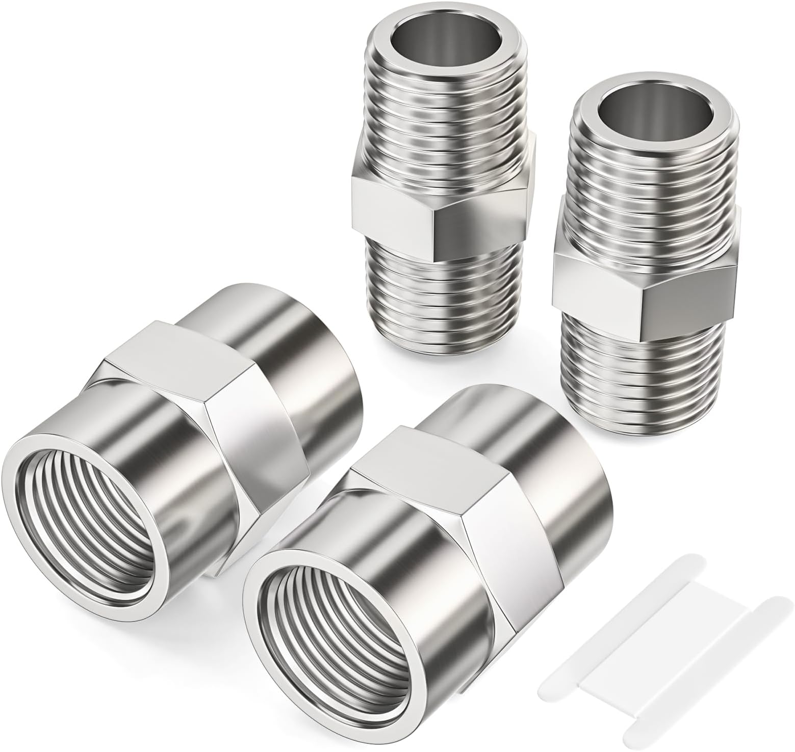 4PCS 304 Stainless Steel Pipe Fitting, Hex Nipple Hex Coupling, 1/2" x 1/2" NPT Male Thread Pipe, 1/2Inch x 1/2Inch NPT Female Thread Pipe