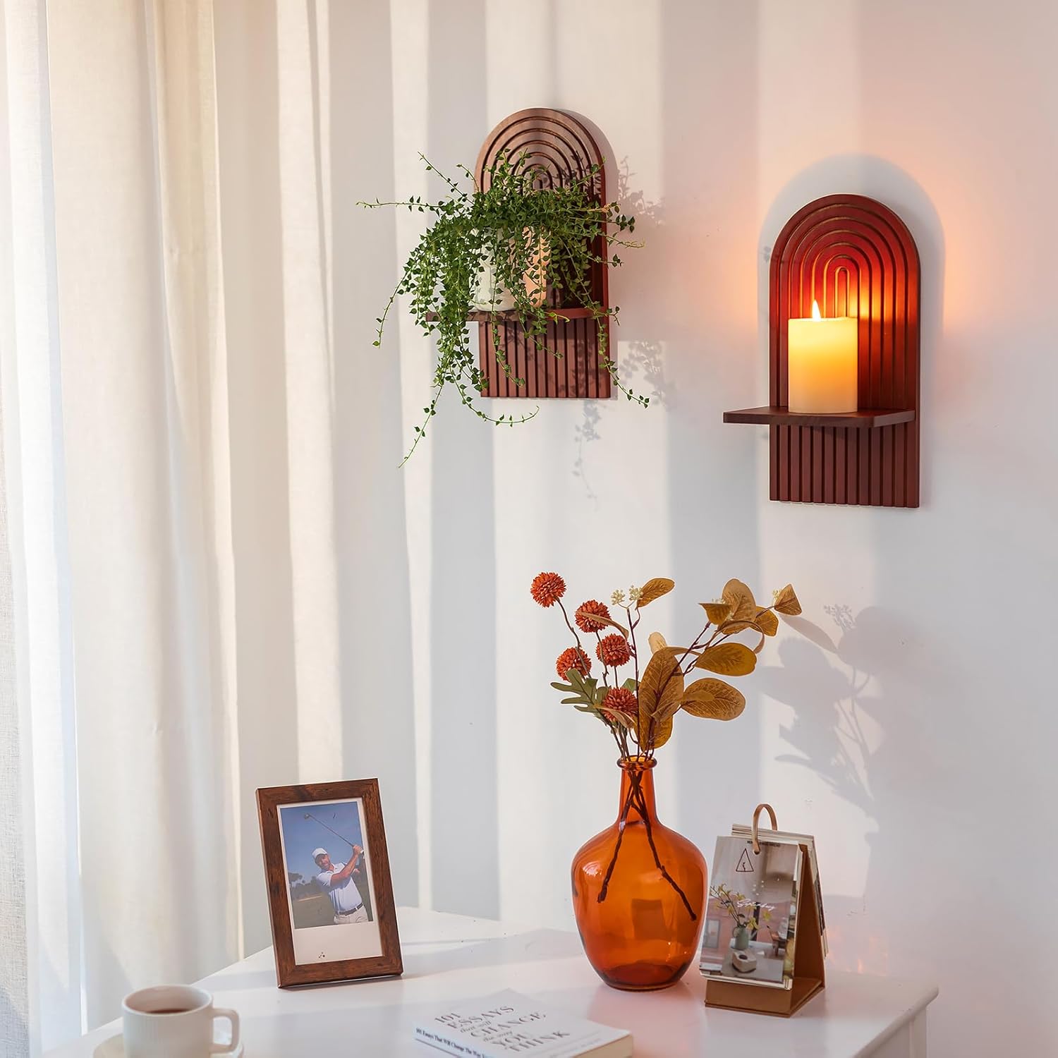 Mid Century Modern Candle Sconces: Set of 2 Walnut Boho Wall Candle Holder Decor for Living Room - Minimalist Mid-Century Candle Shelf Beside Fireplace